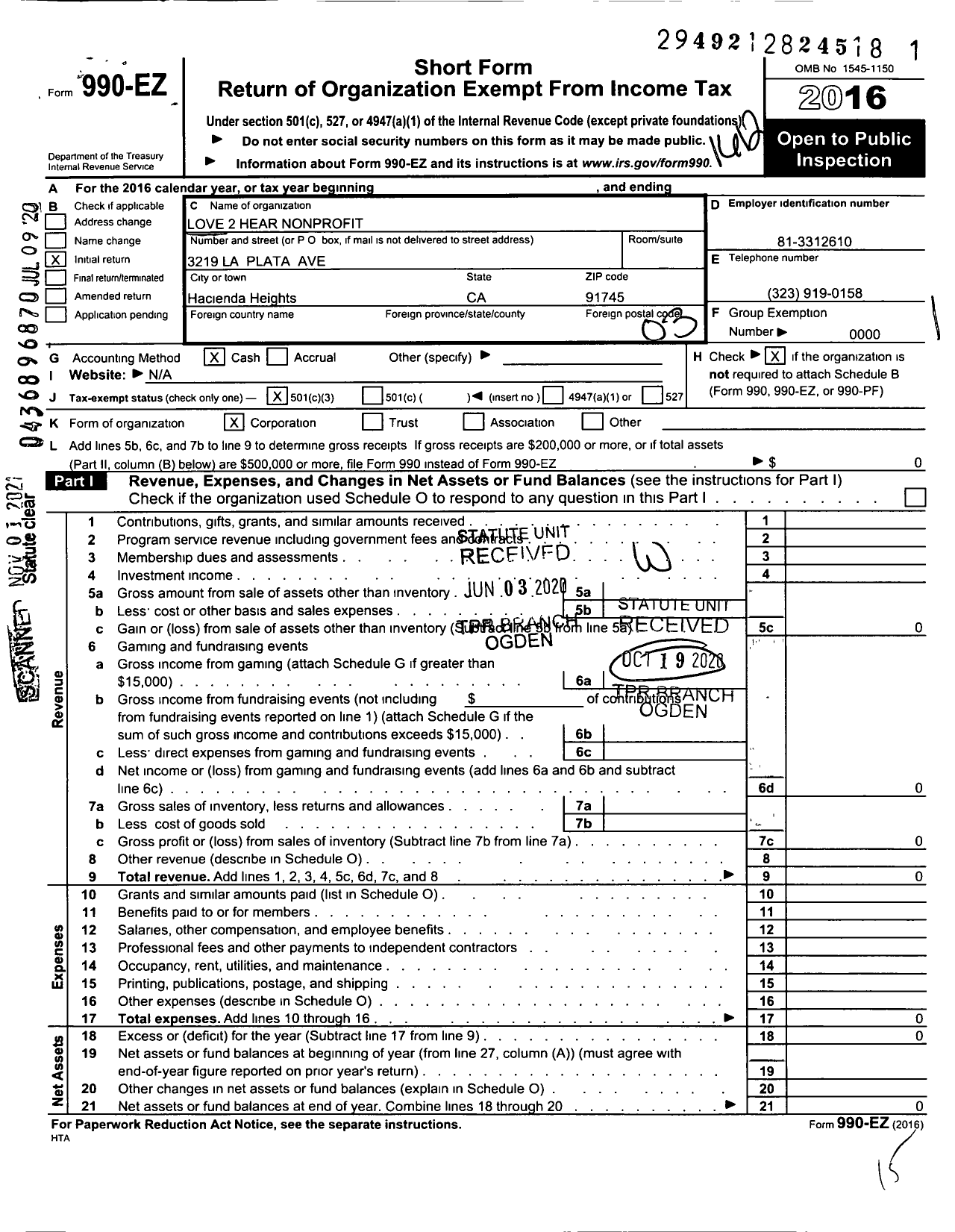 Image of first page of 2016 Form 990EZ for Love2hear Nonprofit