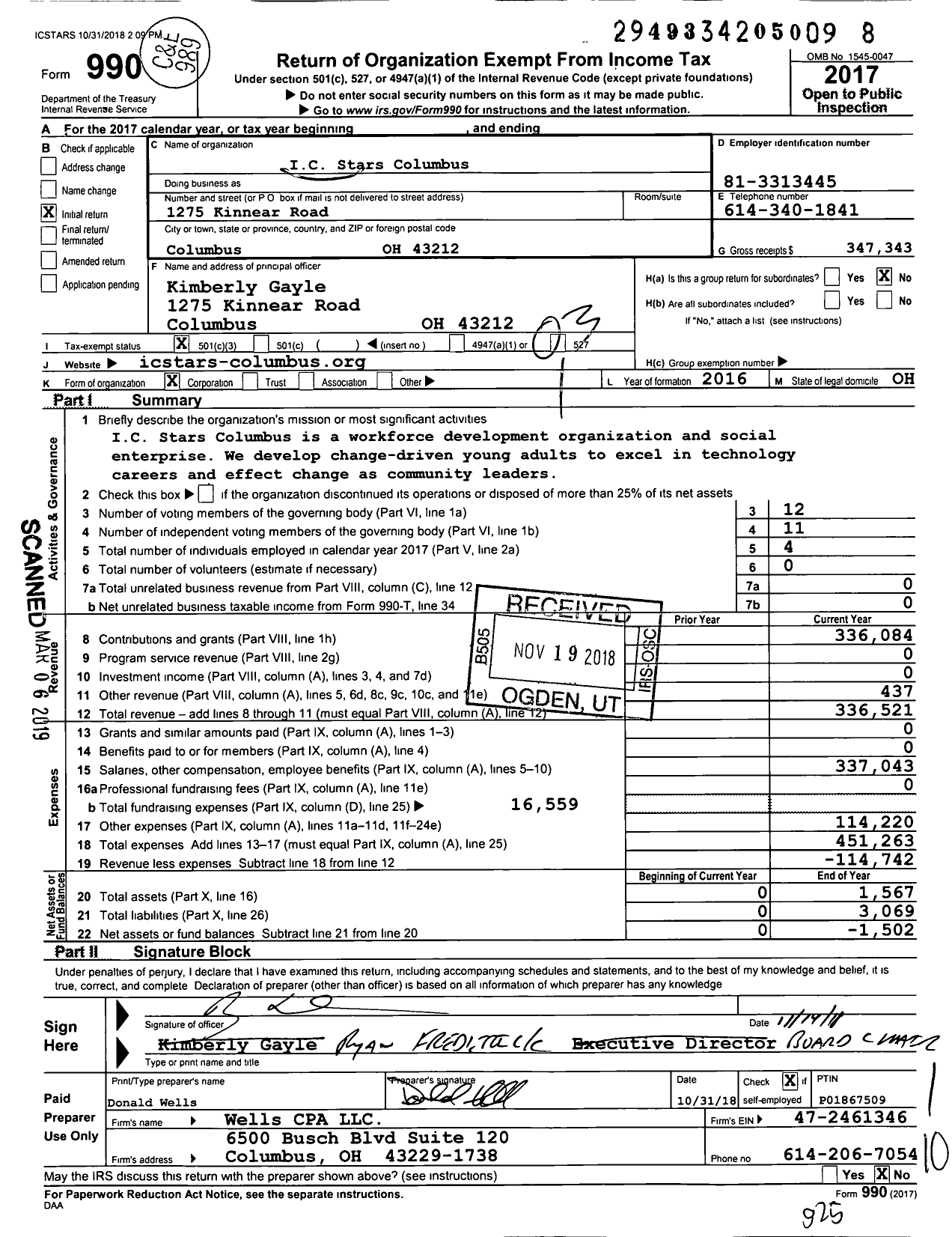 Image of first page of 2017 Form 990 for I C Stars Columbus