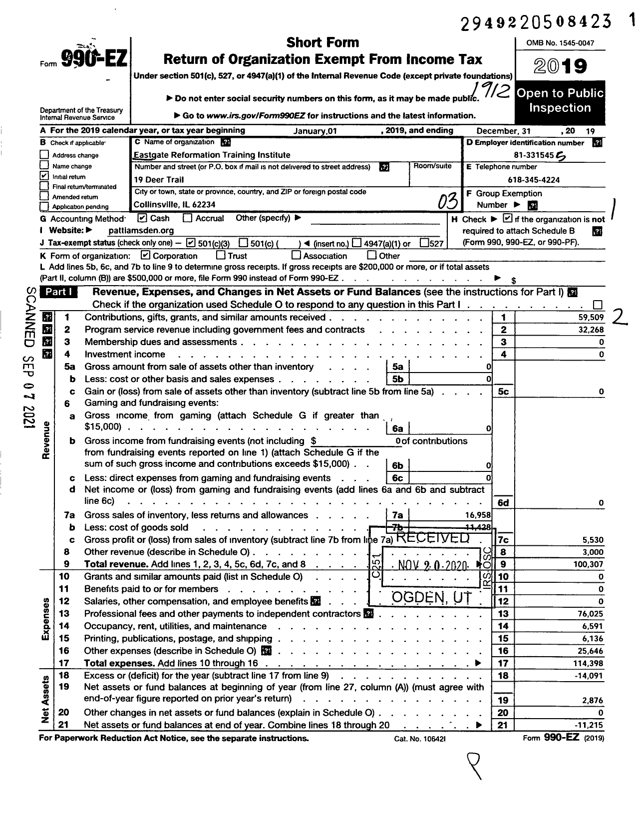 Image of first page of 2019 Form 990EZ for East Gate Reformation Training Institute