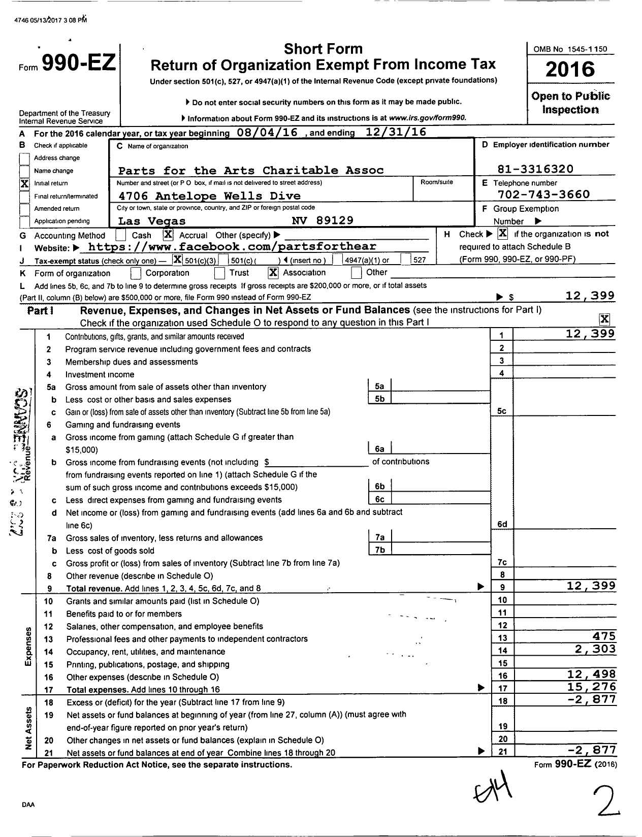 Image of first page of 2016 Form 990EZ for Parts for Arts Charitable Association