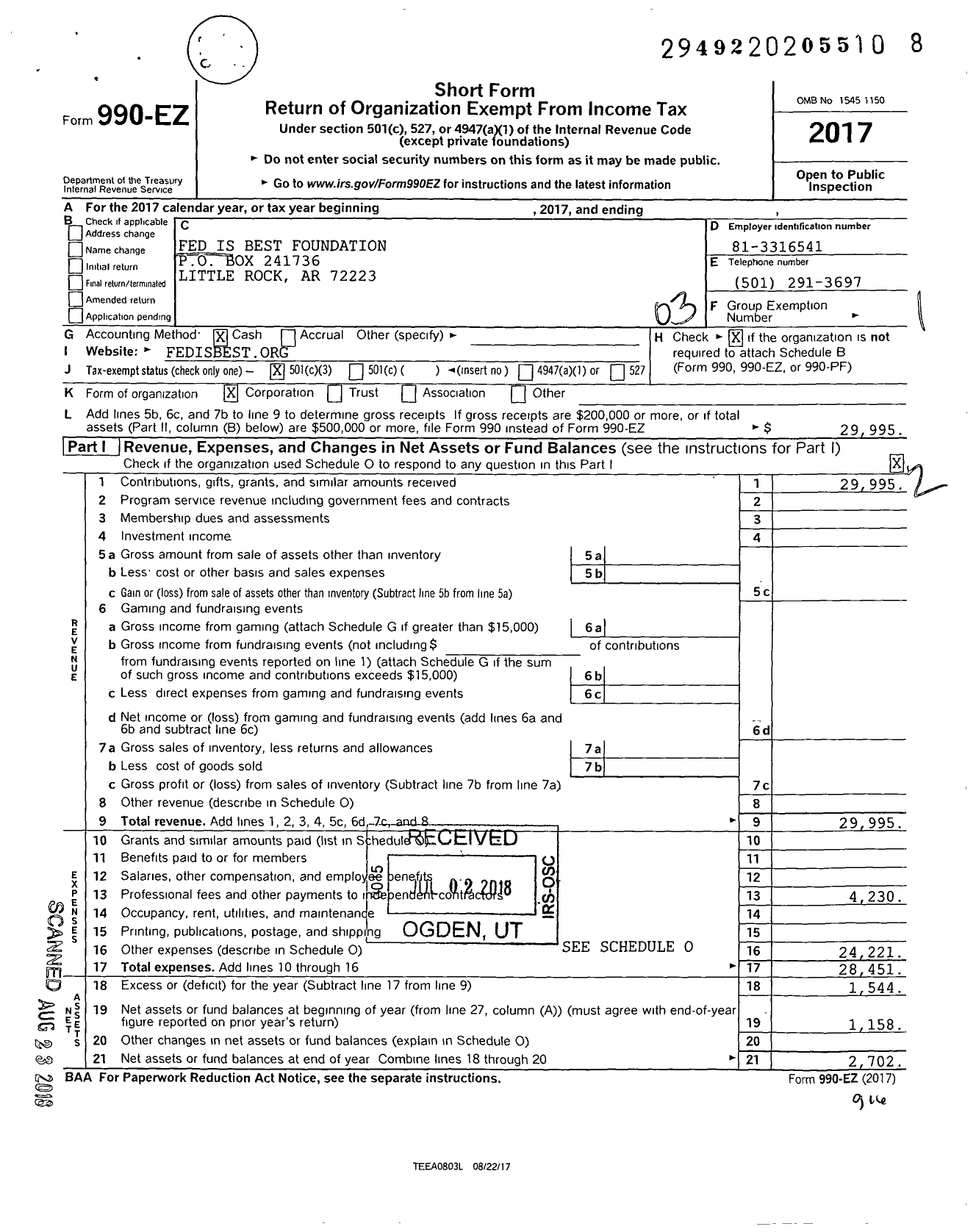 Image of first page of 2017 Form 990EZ for Fed Is Best Foundation