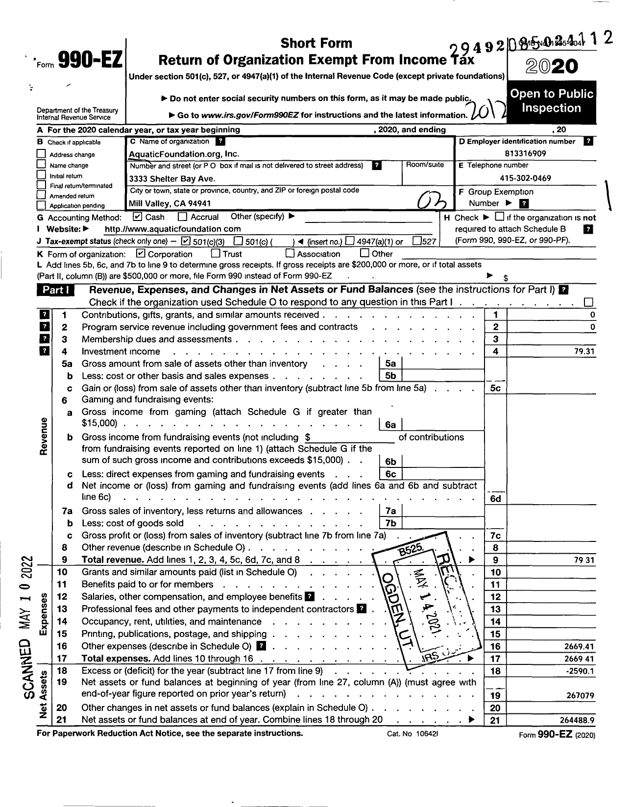 Image of first page of 2020 Form 990EZ for Aquaticfoundationorg