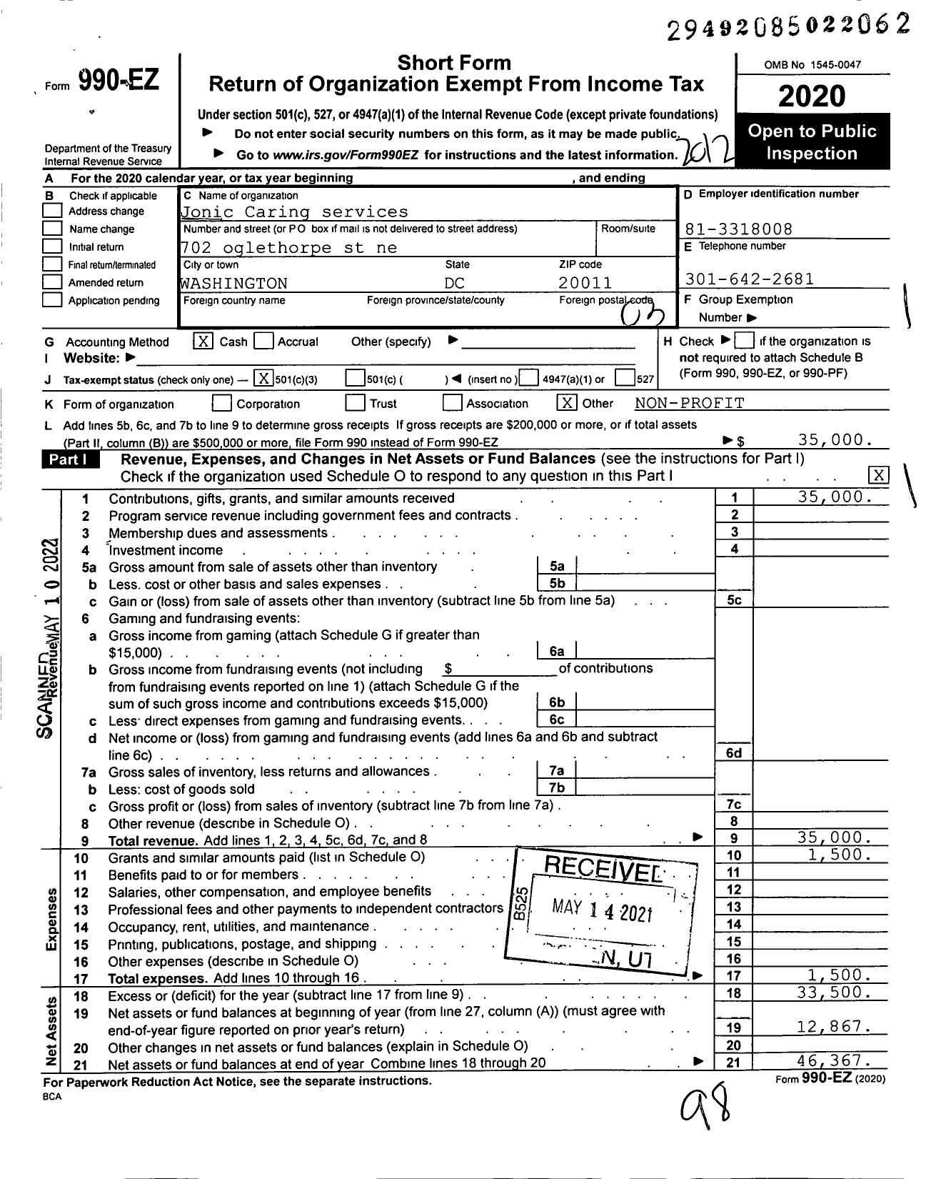 Image of first page of 2020 Form 990EZ for Jonic Caring services