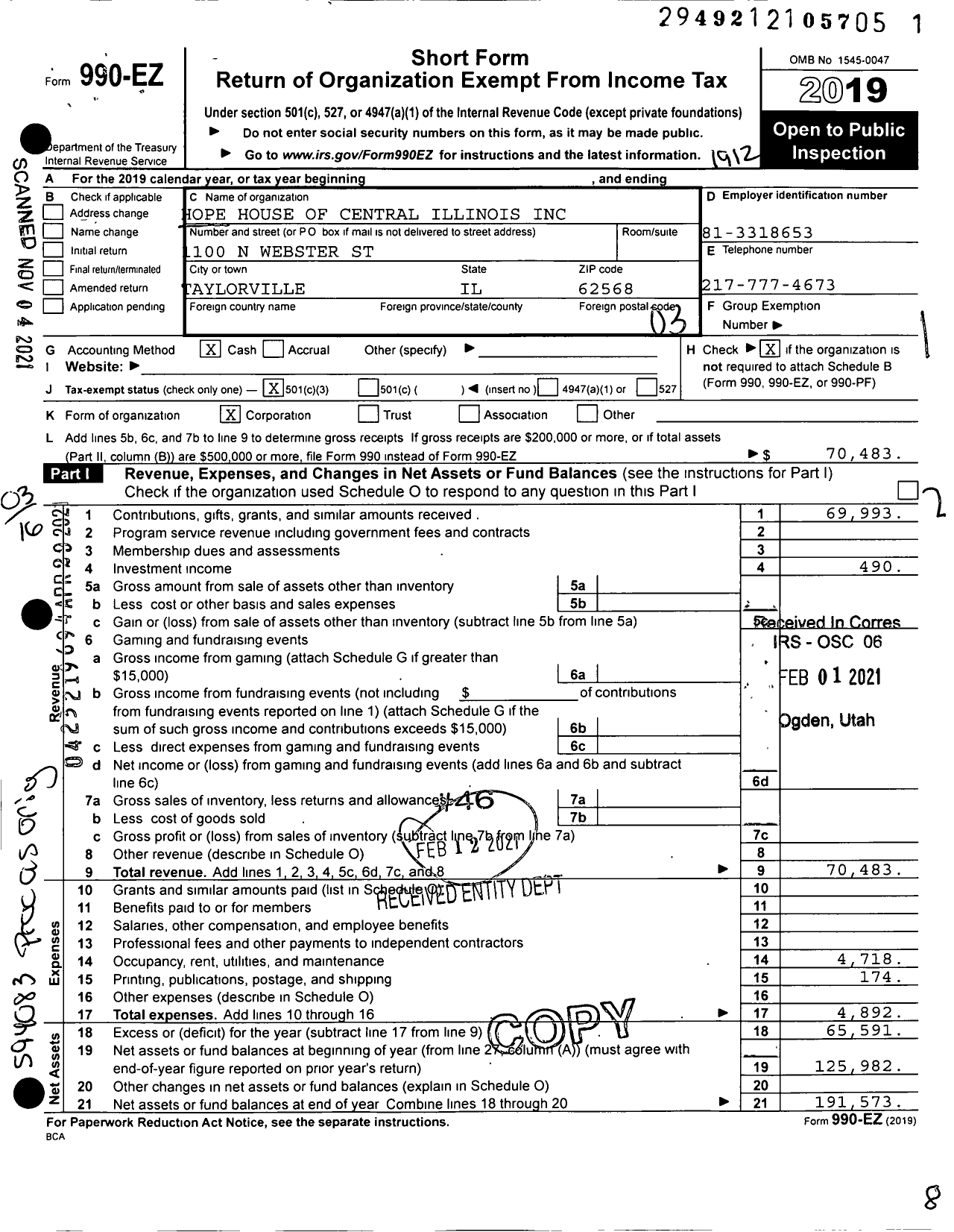 Image of first page of 2019 Form 990EZ for Hope House of Central Illinois