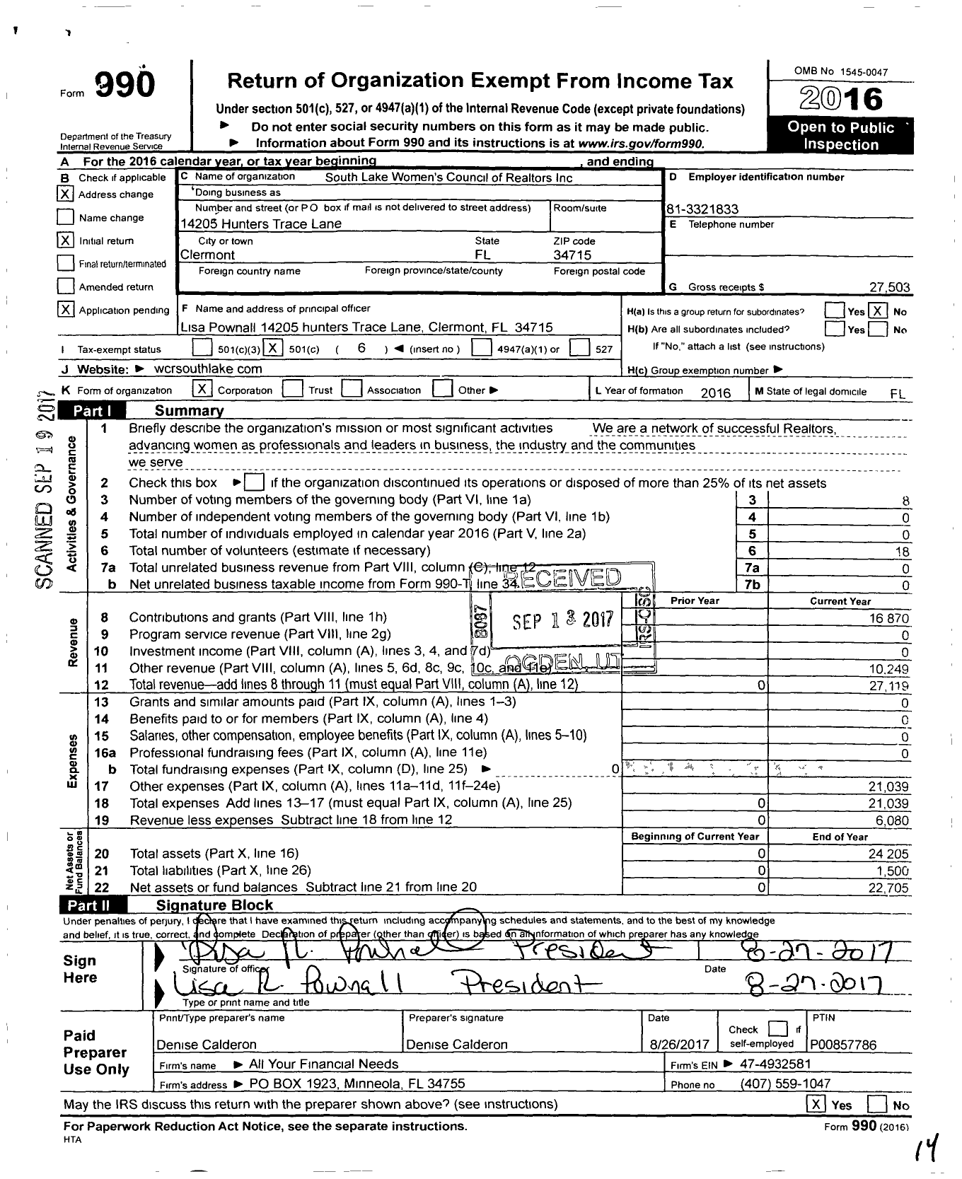 Image of first page of 2016 Form 990O for South Lake Womens Council of Realtors