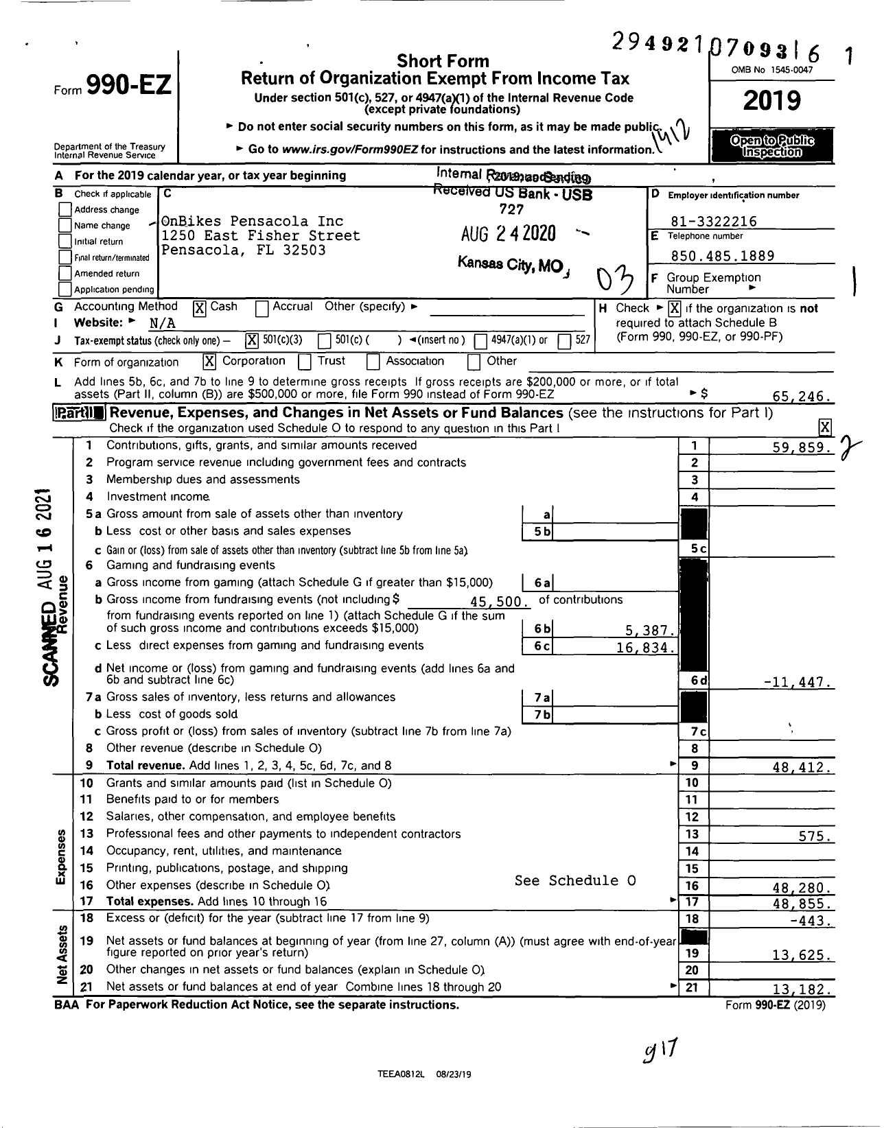 Image of first page of 2019 Form 990EZ for OnBikes Pensacola