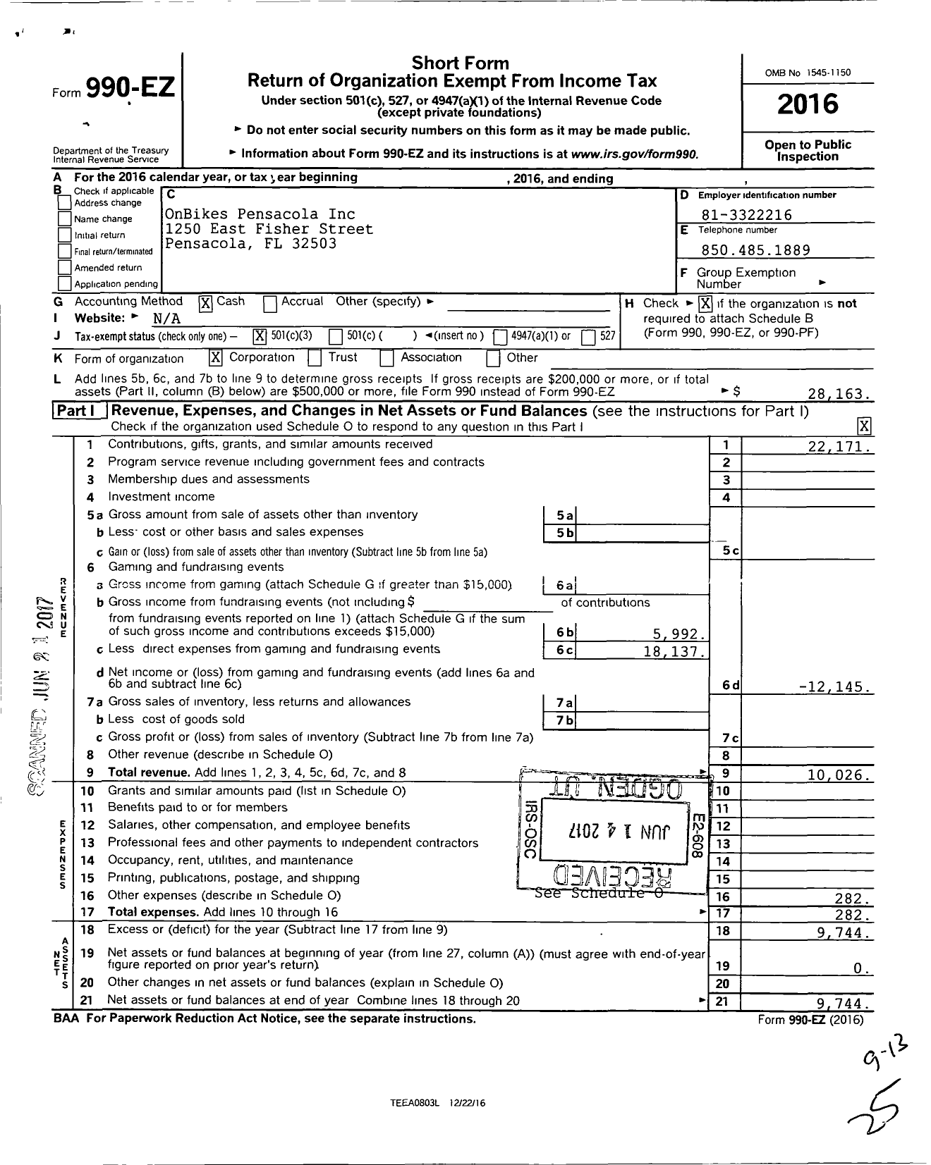 Image of first page of 2016 Form 990EZ for OnBikes Pensacola