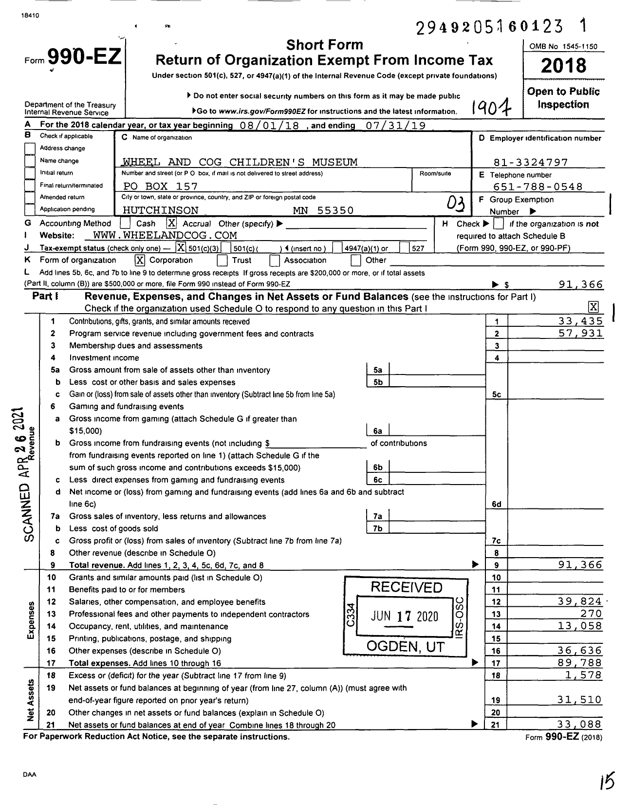 Image of first page of 2018 Form 990EZ for Wheel and Cog Children's Museum