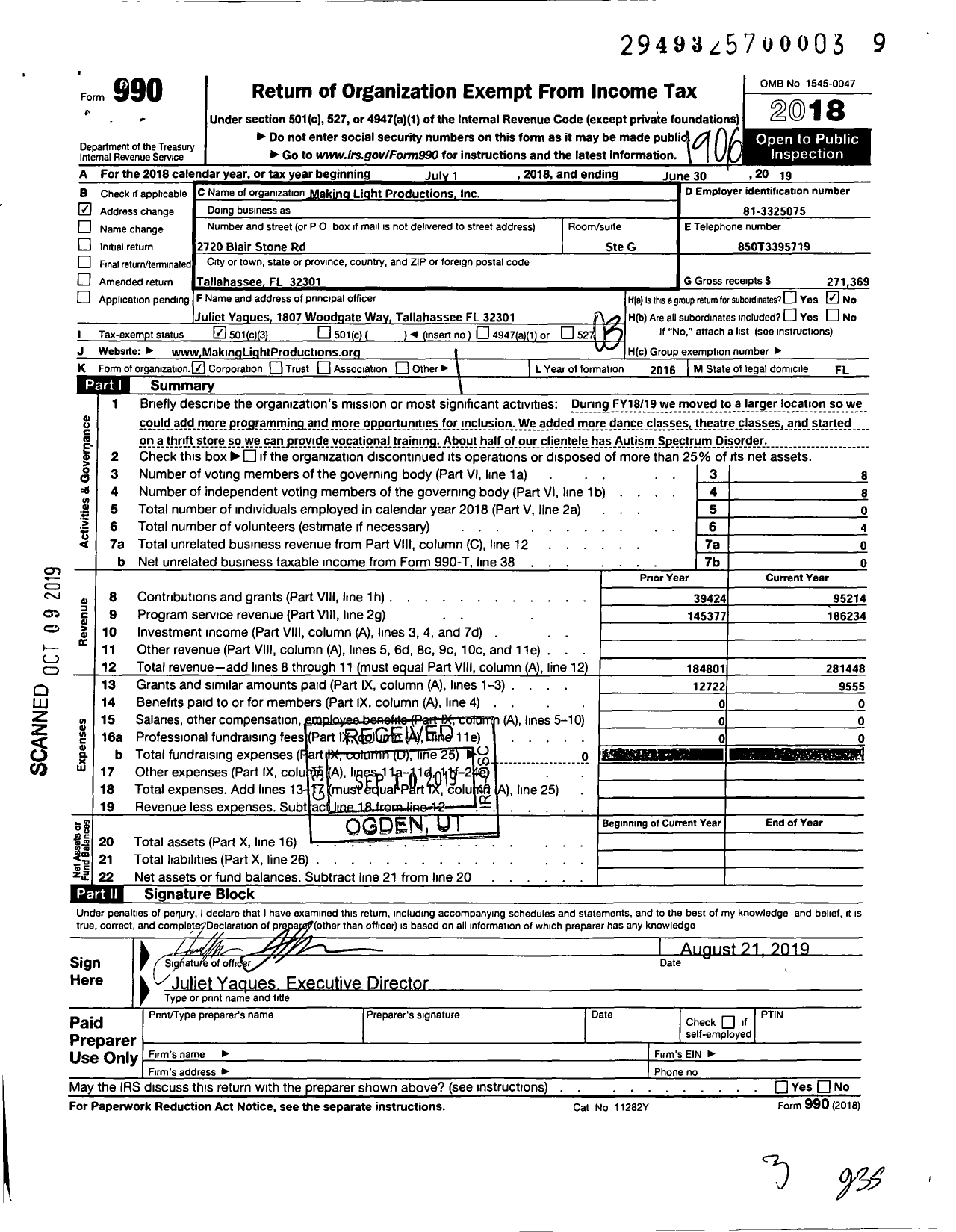 Image of first page of 2018 Form 990 for Making Light Productions