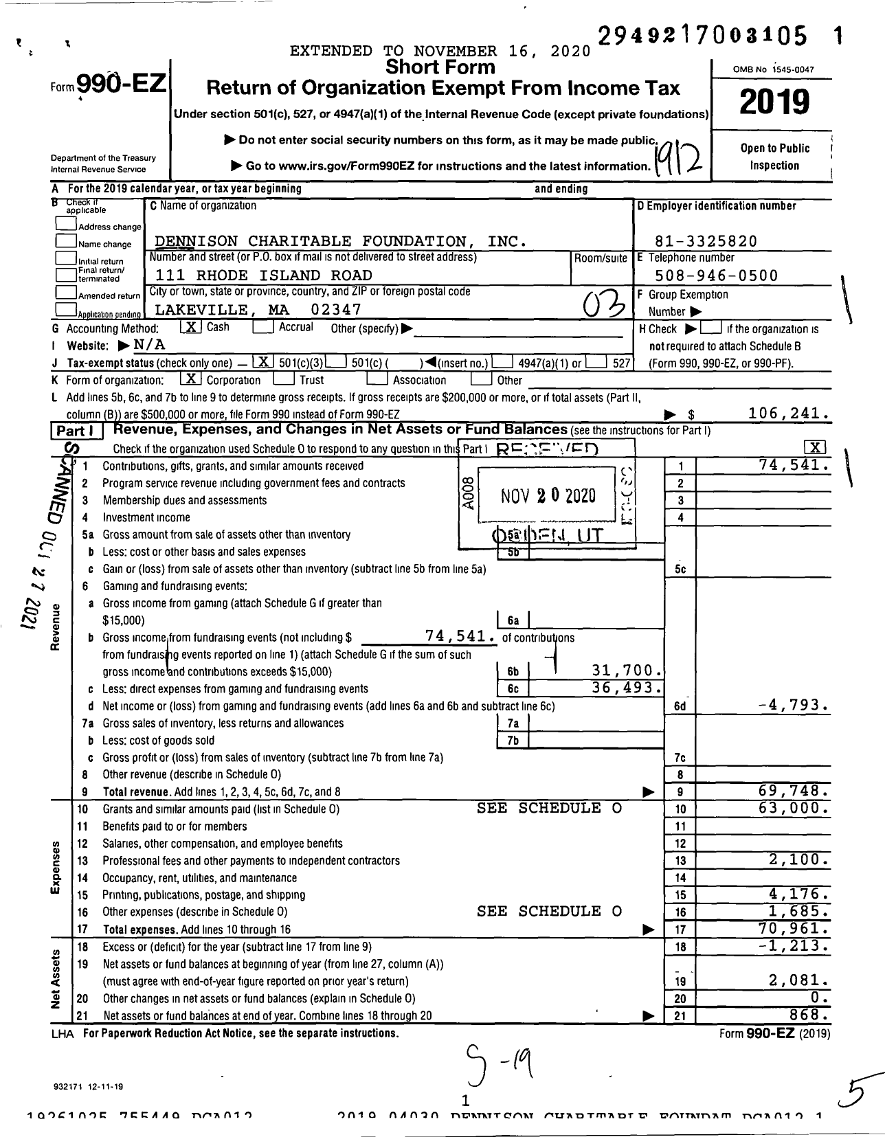 Image of first page of 2019 Form 990EZ for Dennison Charitable Foundation