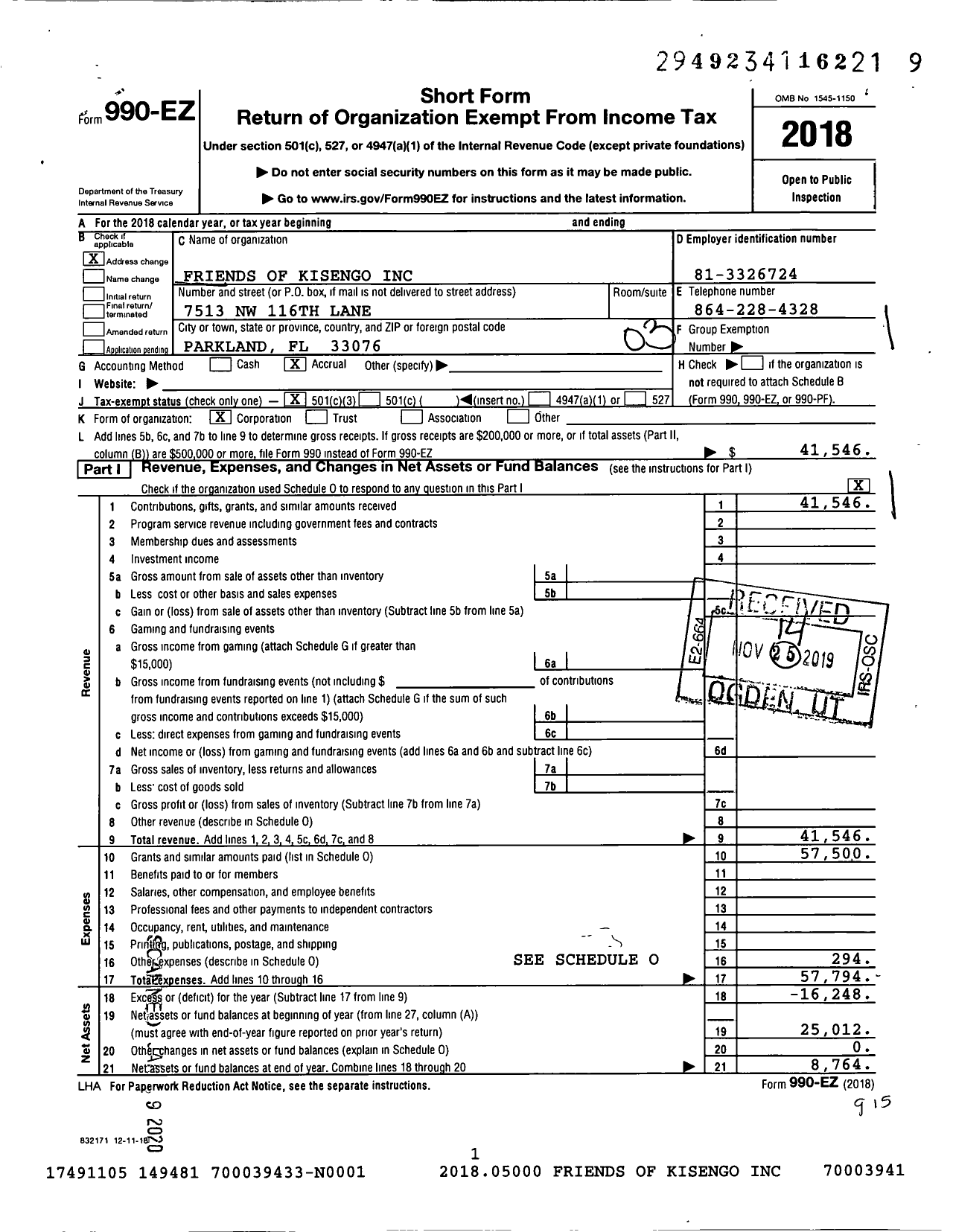 Image of first page of 2018 Form 990EZ for Friends of Kisengo