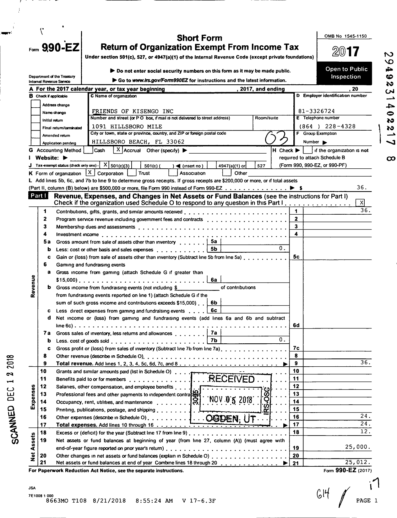 Image of first page of 2017 Form 990EZ for Friends of Kisengo