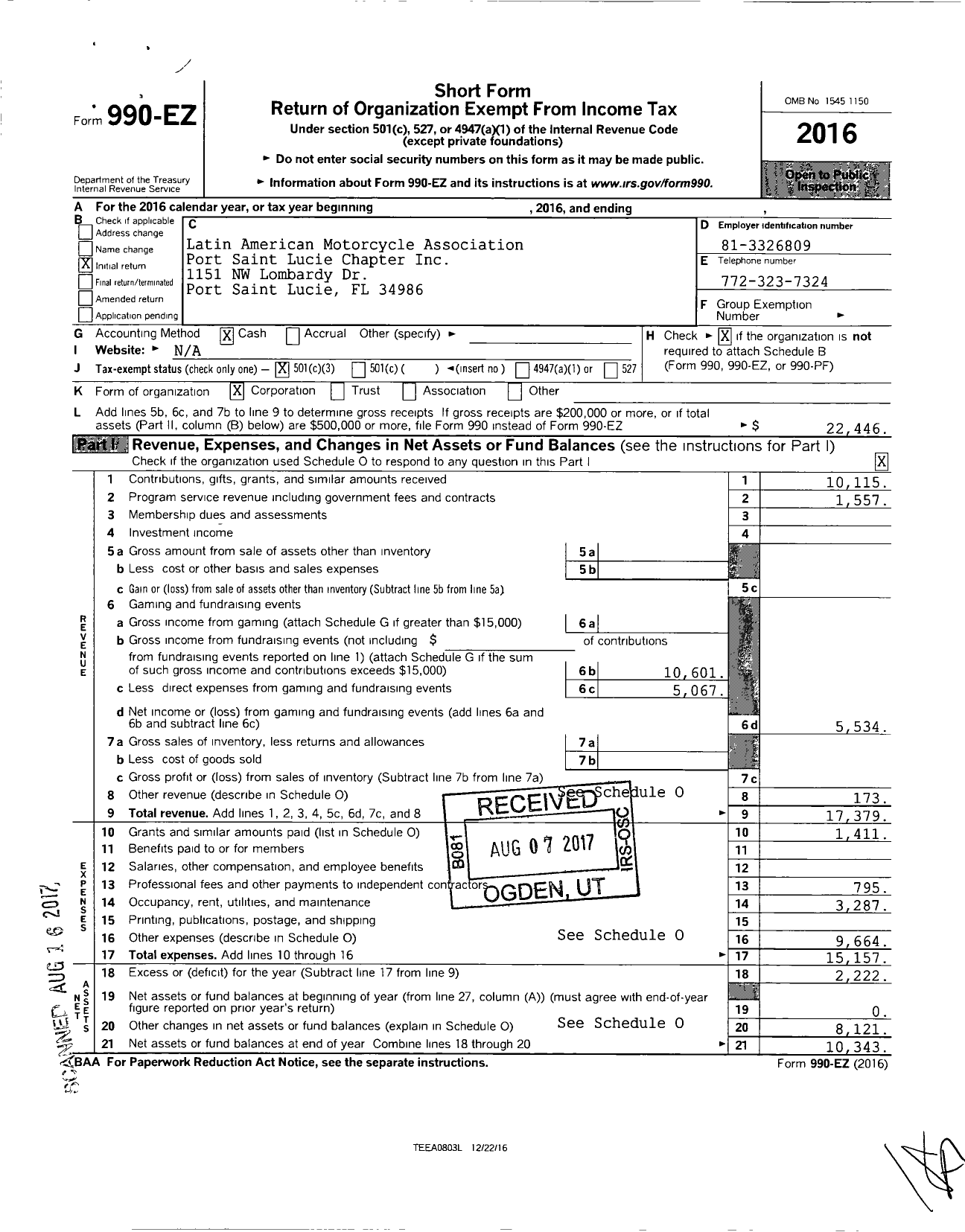 Image of first page of 2016 Form 990EZ for Latin American Motorcycle Association Corporation