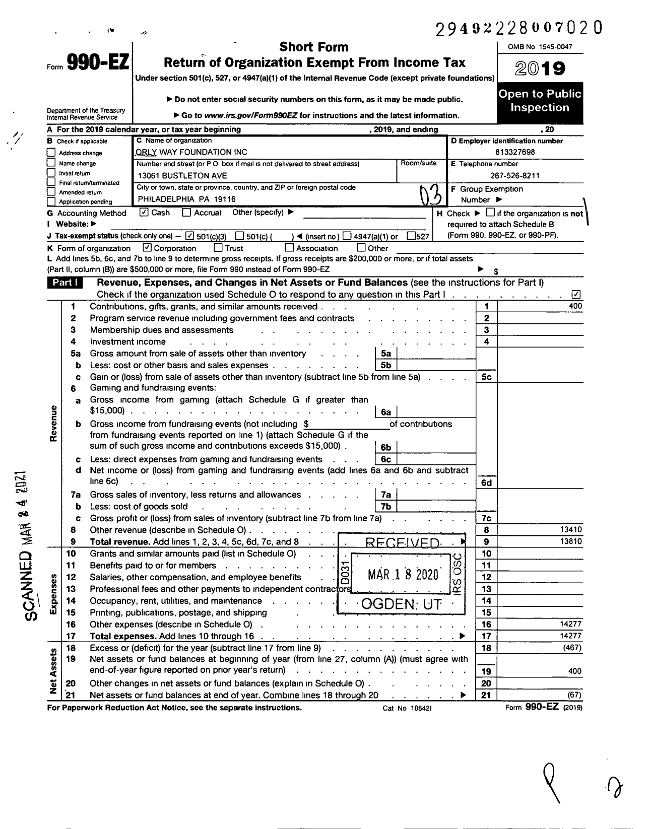 Image of first page of 2019 Form 990EZ for Orly-Way Foundation