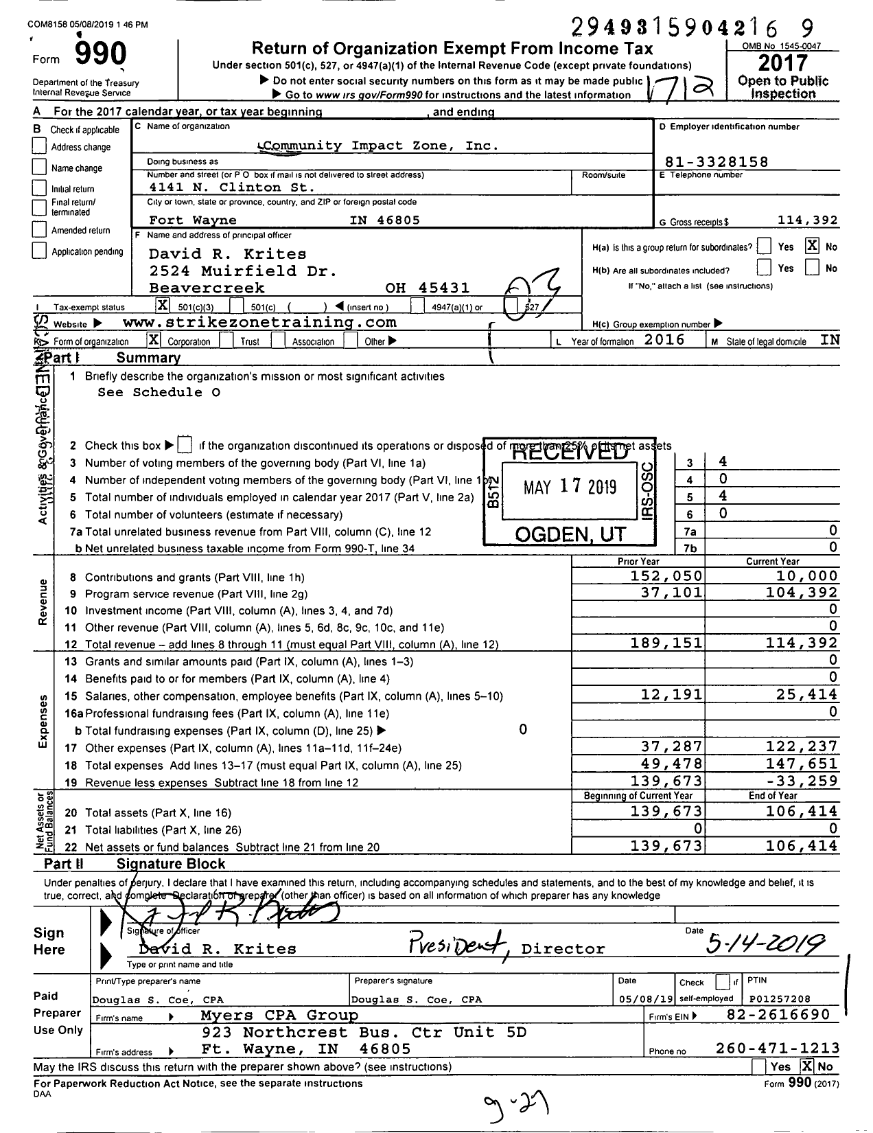 Image of first page of 2017 Form 990 for Community Impact Zone