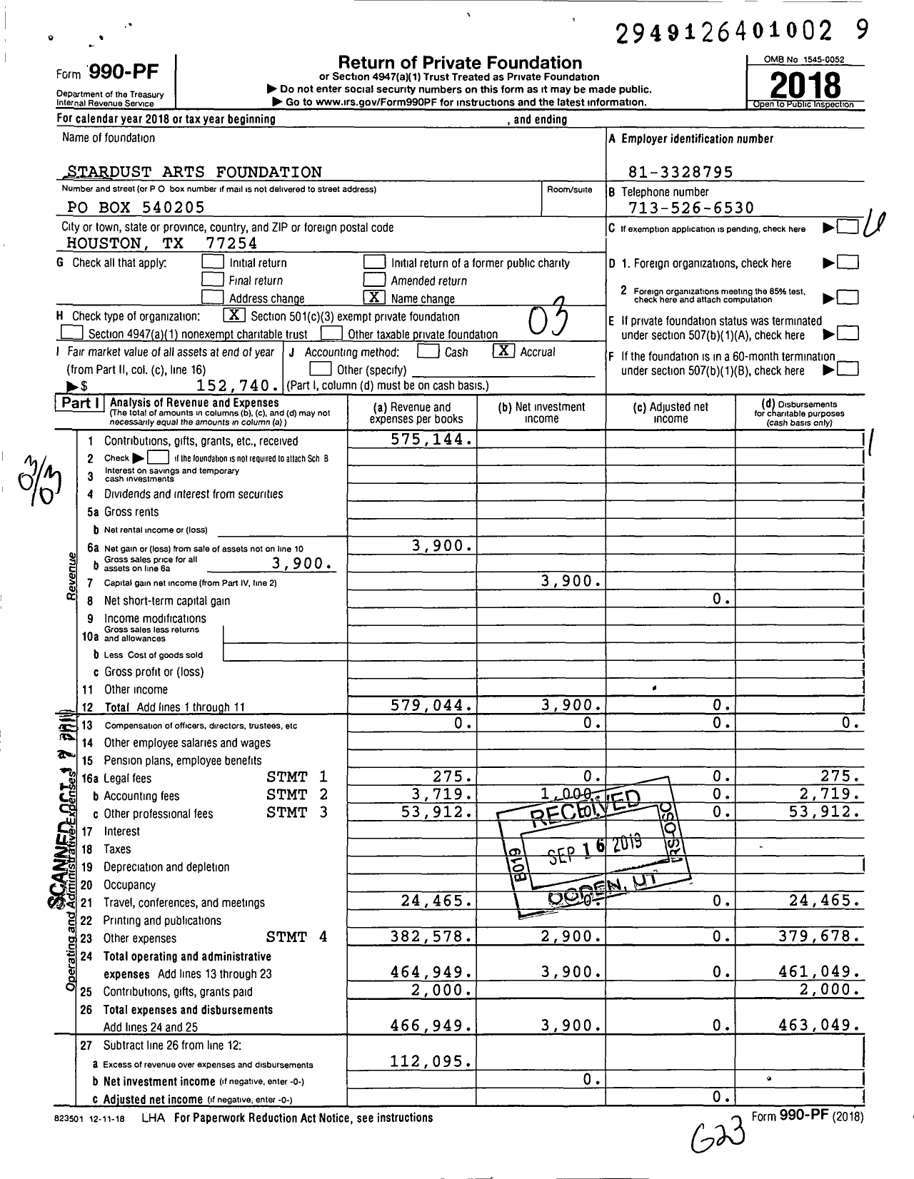 Image of first page of 2018 Form 990PF for Stardust Arts Foundation