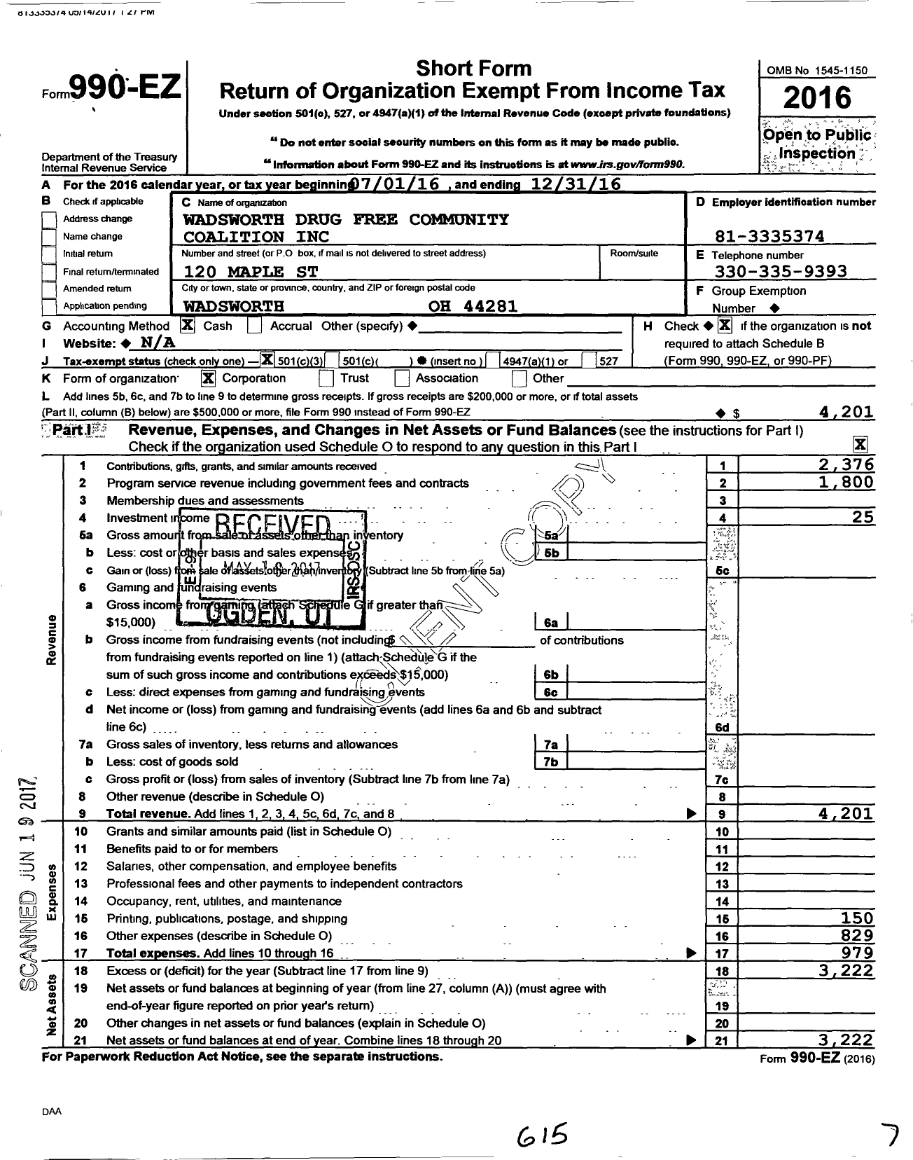 Image of first page of 2016 Form 990EZ for Wadsworth Drug Free Community Coalition