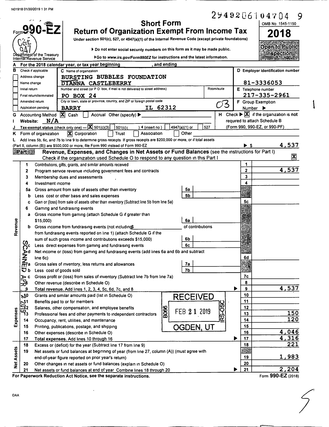 Image of first page of 2018 Form 990EZ for Bursting Bubbles