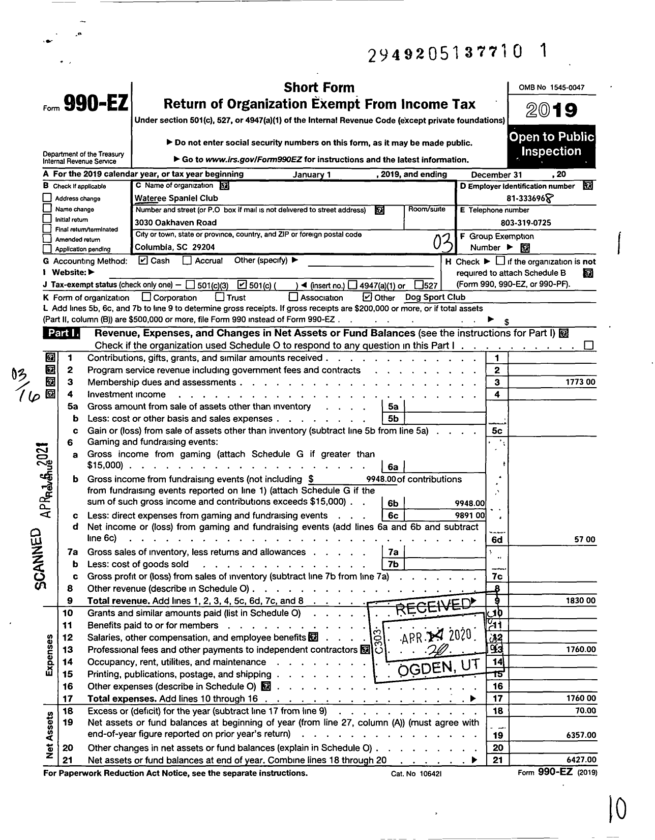 Image of first page of 2019 Form 990EZ for Wateree Spaniel Club