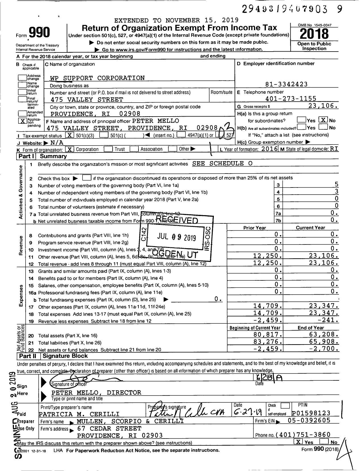 Image of first page of 2018 Form 990 for WP Support Corporation