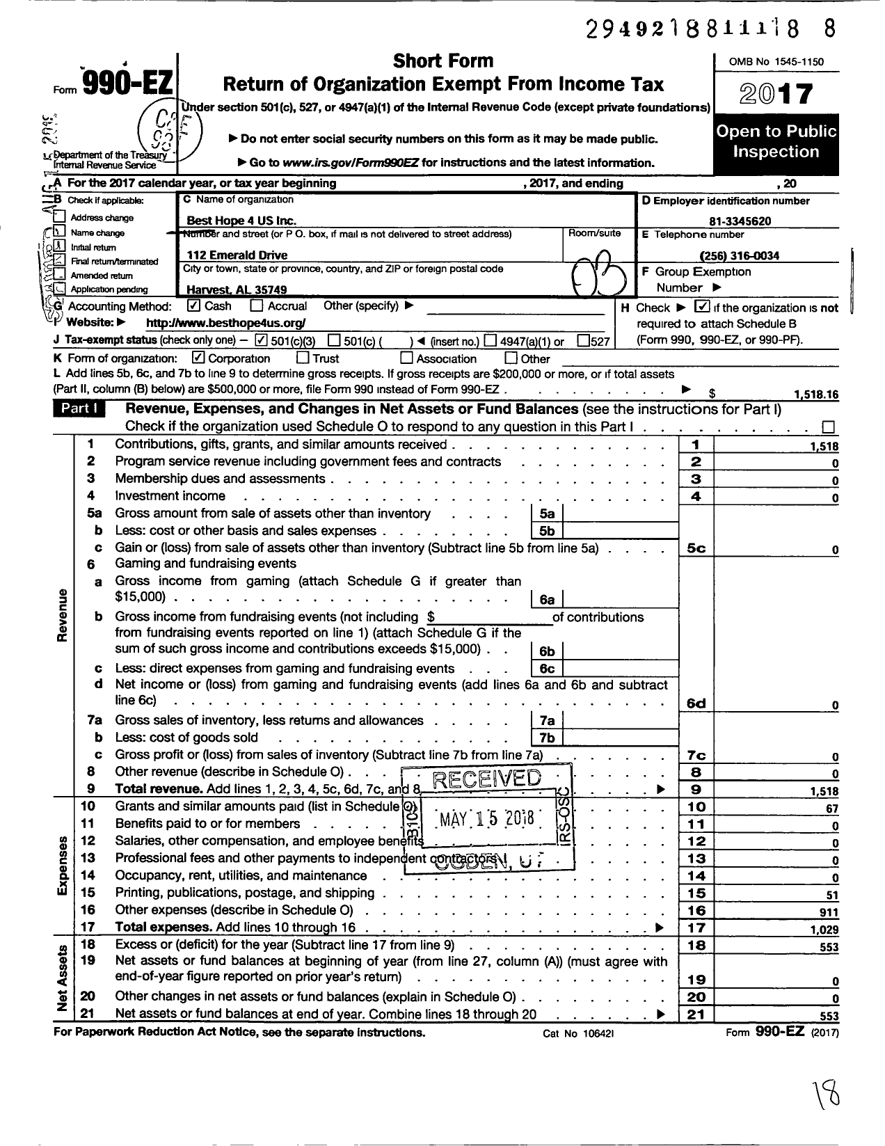 Image of first page of 2017 Form 990EZ for Best Hope 4 Us