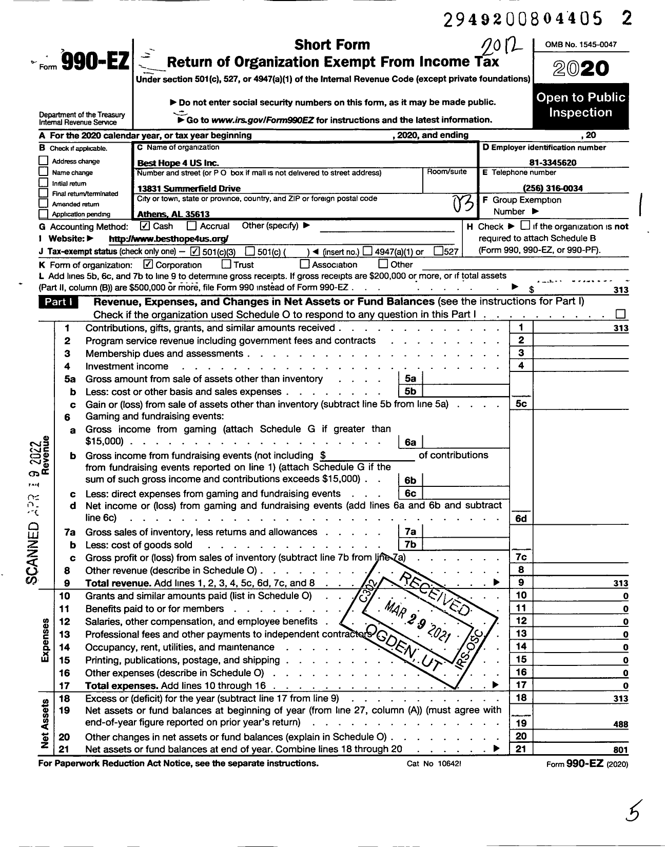 Image of first page of 2020 Form 990EZ for Best Hope 4 Us