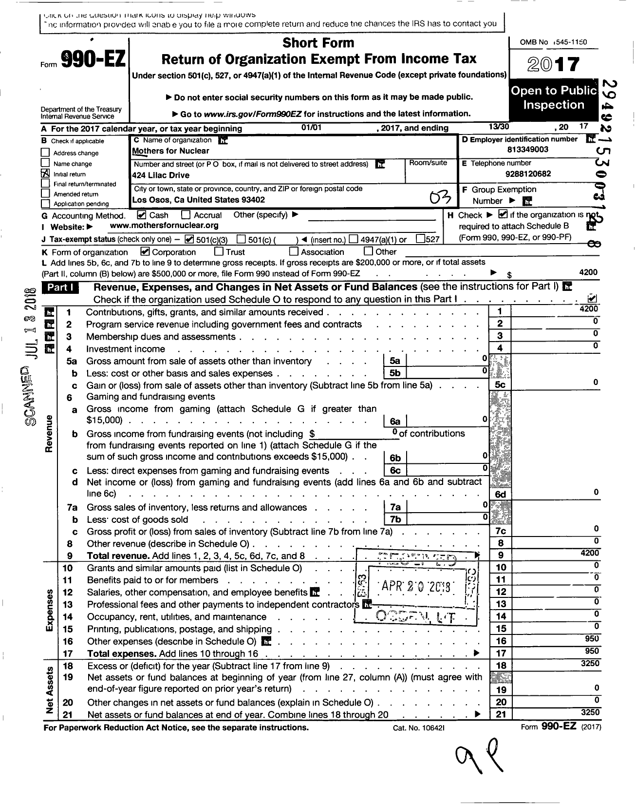 Image of first page of 2017 Form 990EZ for Mothers for Nuclear