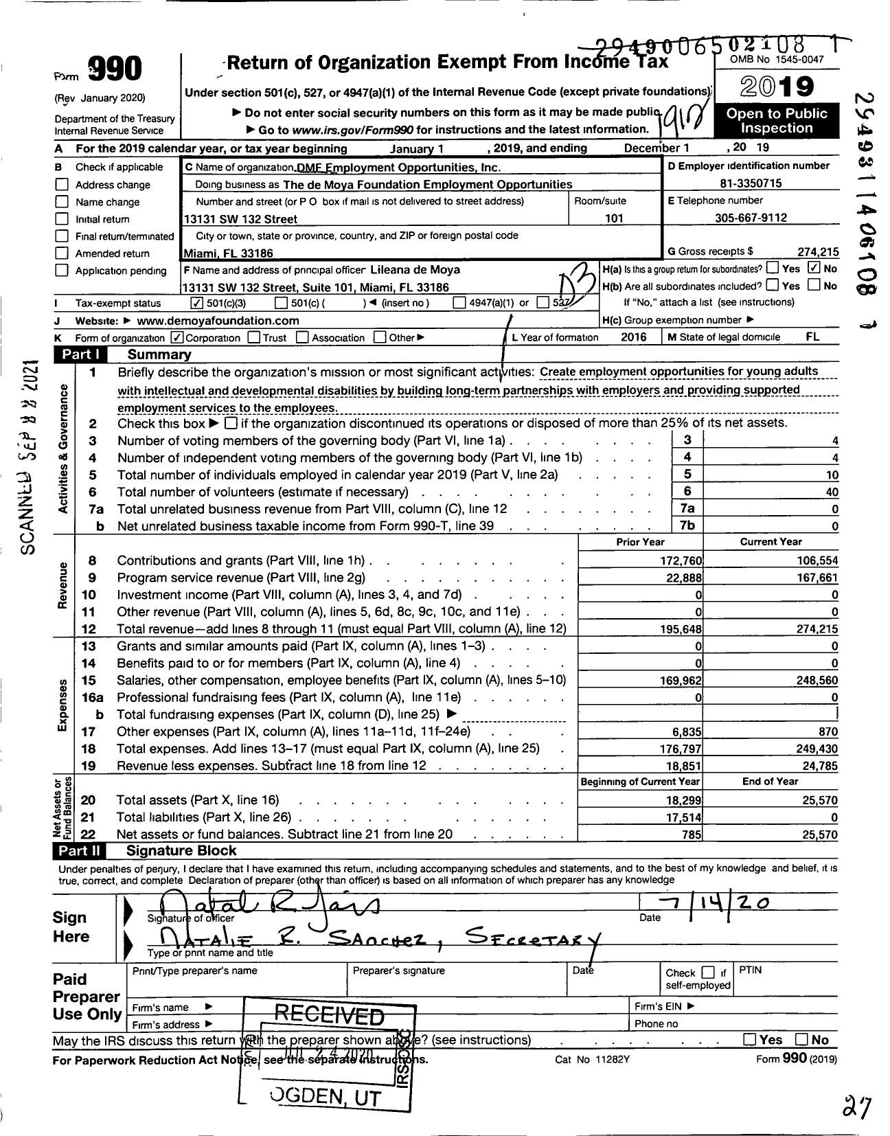 Image of first page of 2019 Form 990 for The de Moya Foundation Employment Opportunities