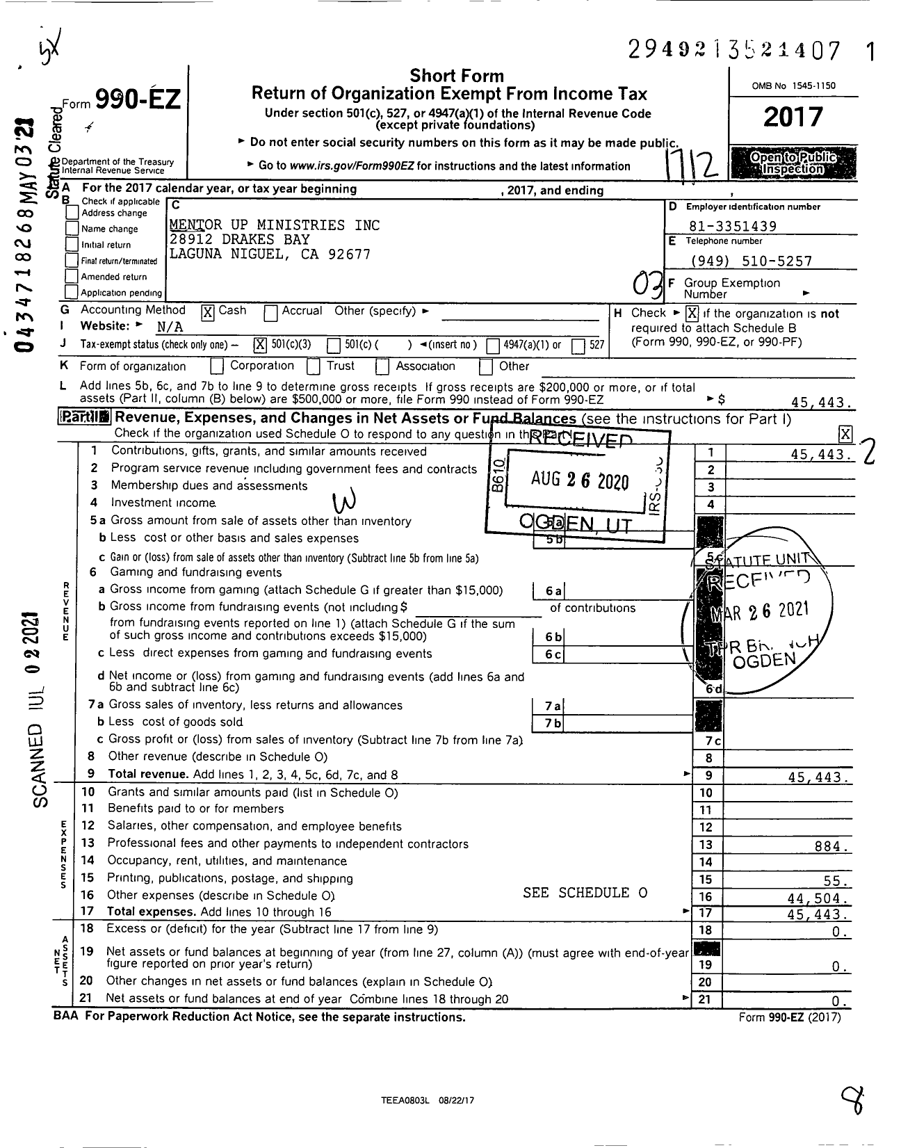 Image of first page of 2017 Form 990EZ for Mentor Up Ministries