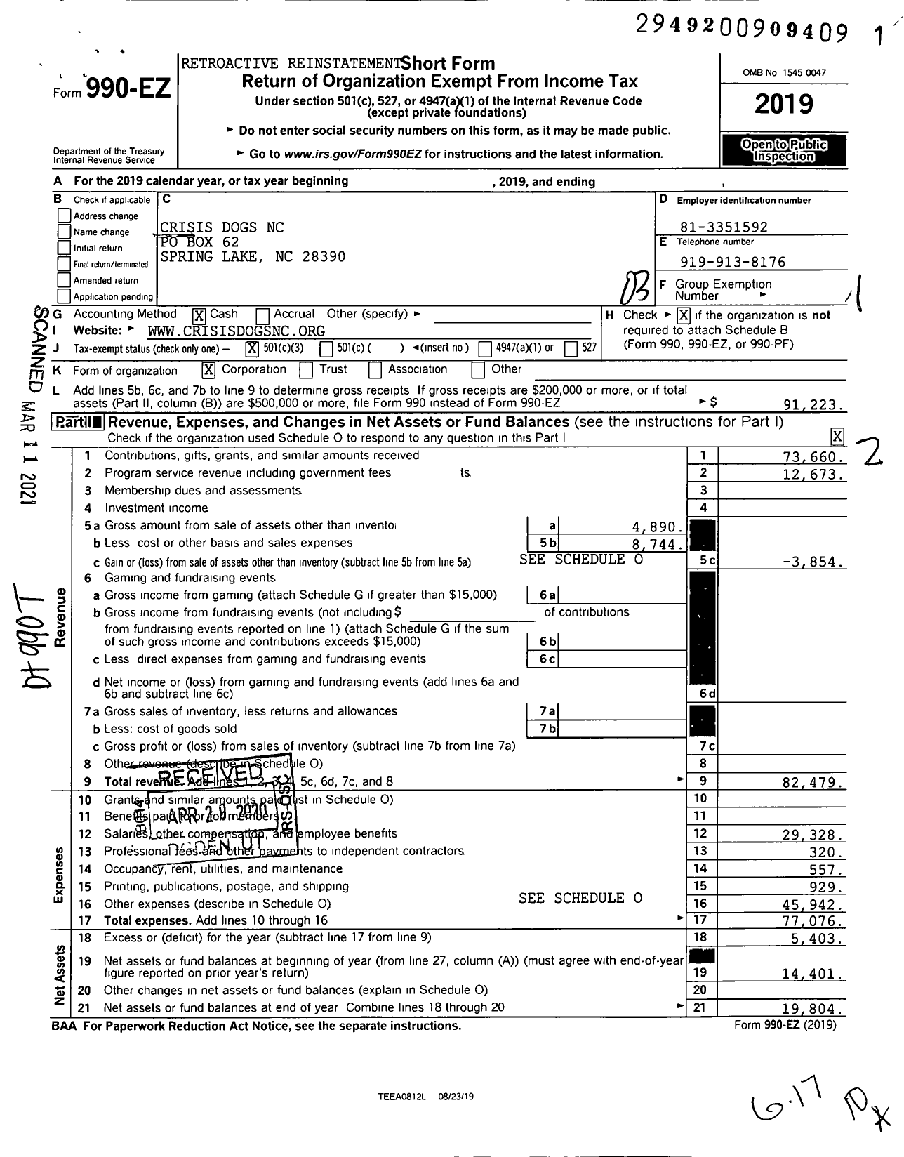 Image of first page of 2019 Form 990EZ for Crisis Dogs NC