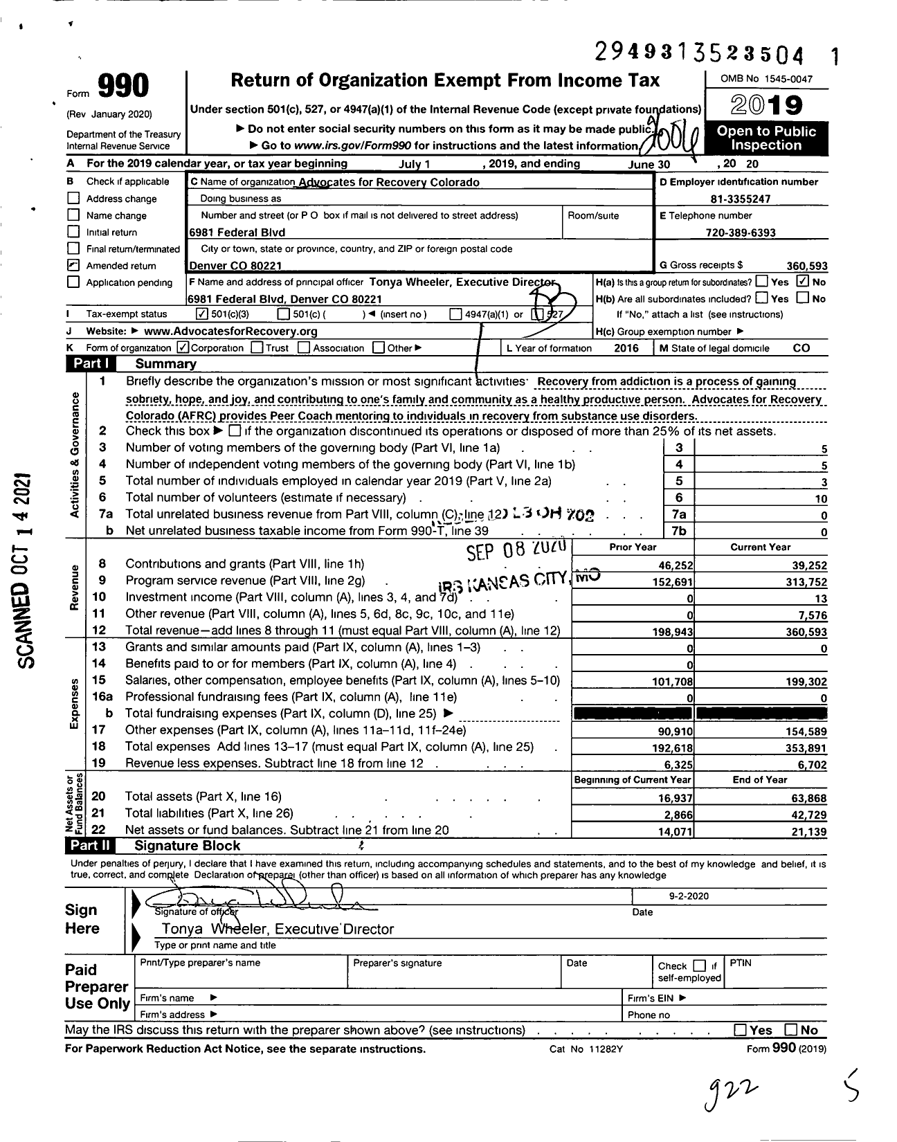 Image of first page of 2019 Form 990 for Advocates for Recovery Colorado