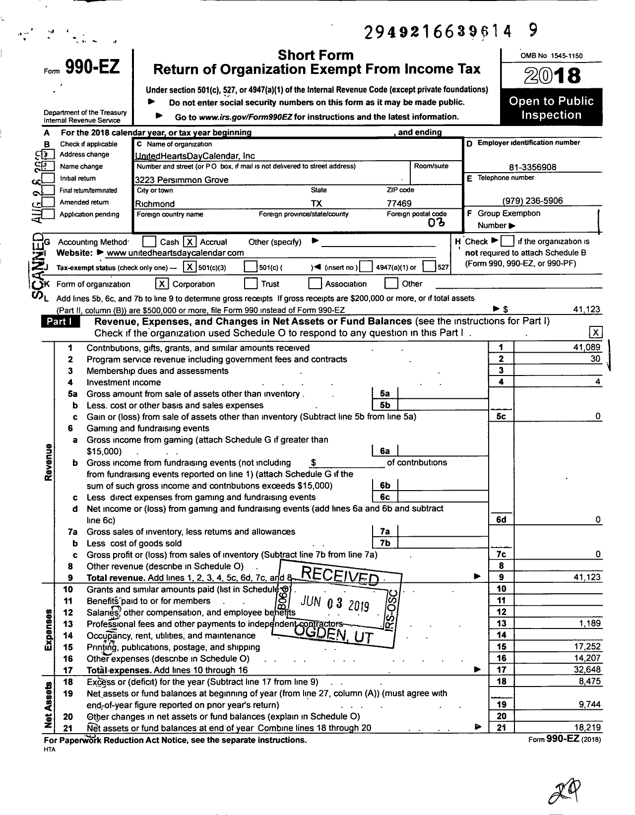 Image of first page of 2018 Form 990EZ for UnitedHeartsDayCalendar