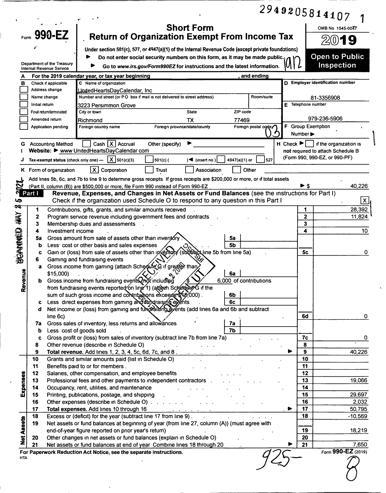 Image of first page of 2019 Form 990EZ for UnitedHeartsDayCalendar