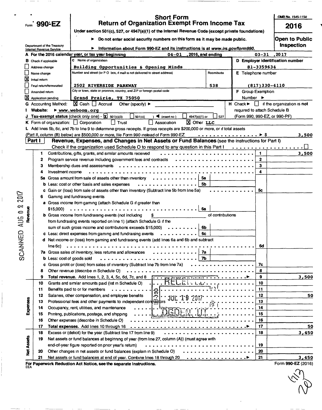 Image of first page of 2016 Form 990EZ for Building Opportunities & Opening Minds (BOOM)