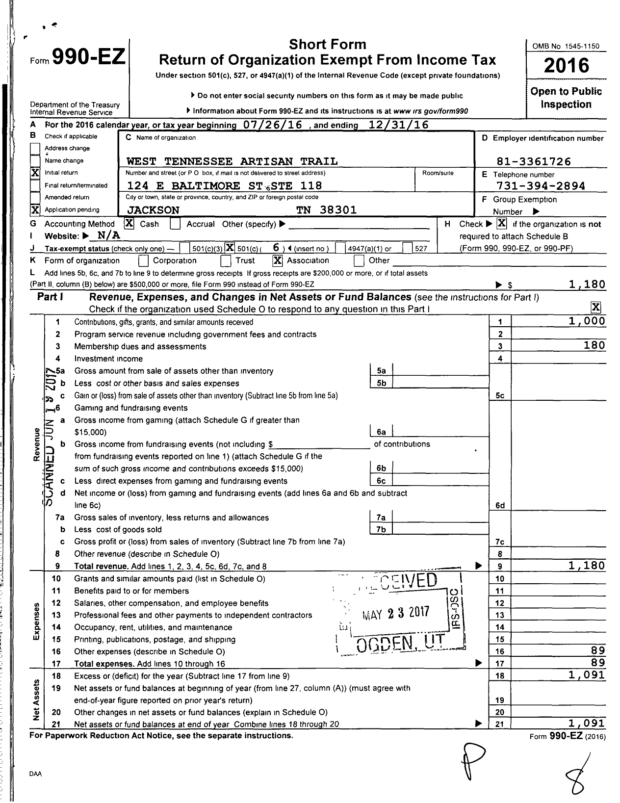 Image of first page of 2016 Form 990EO for West Tennessee Artisan Trail