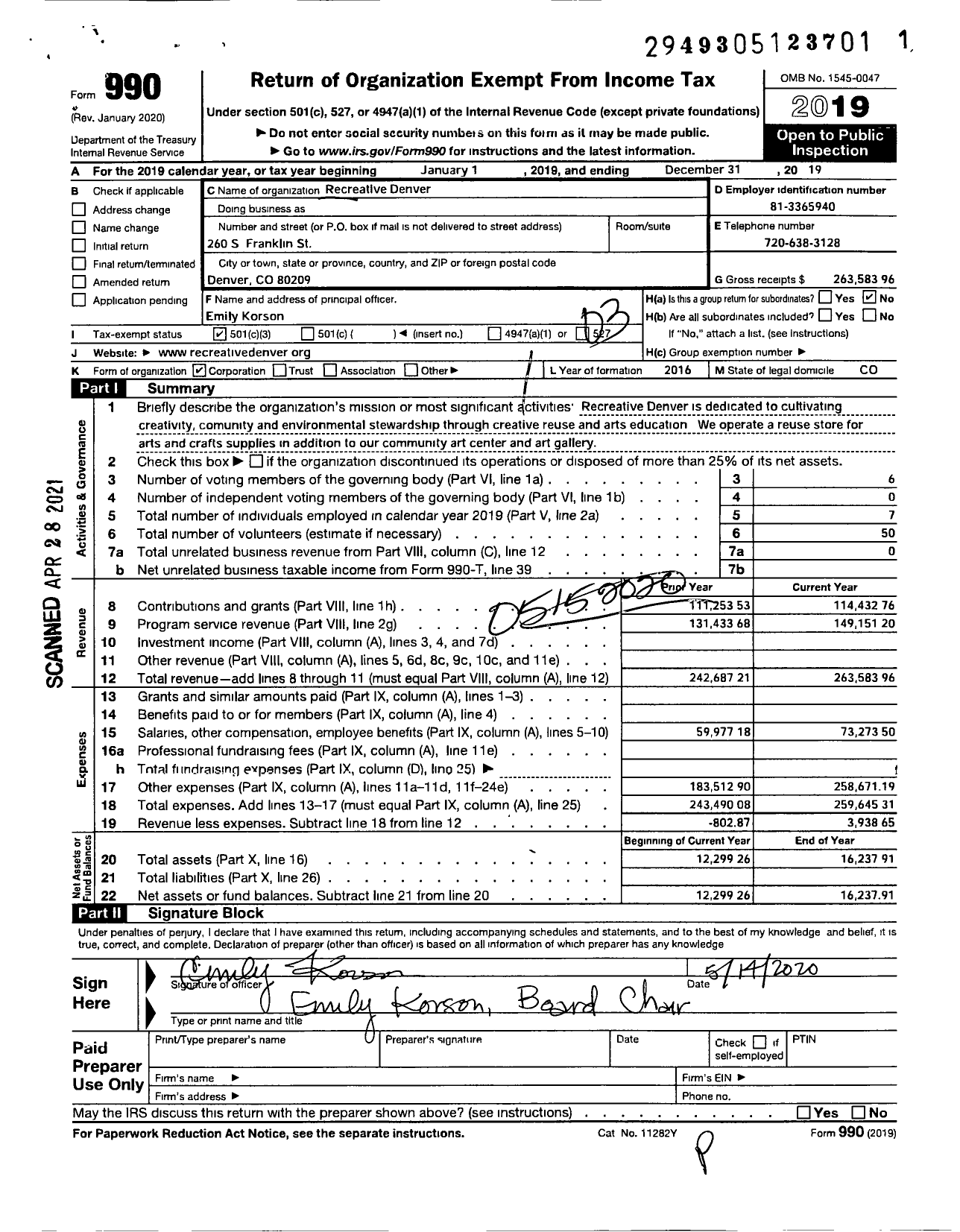 Image of first page of 2019 Form 990 for Recreative Denver