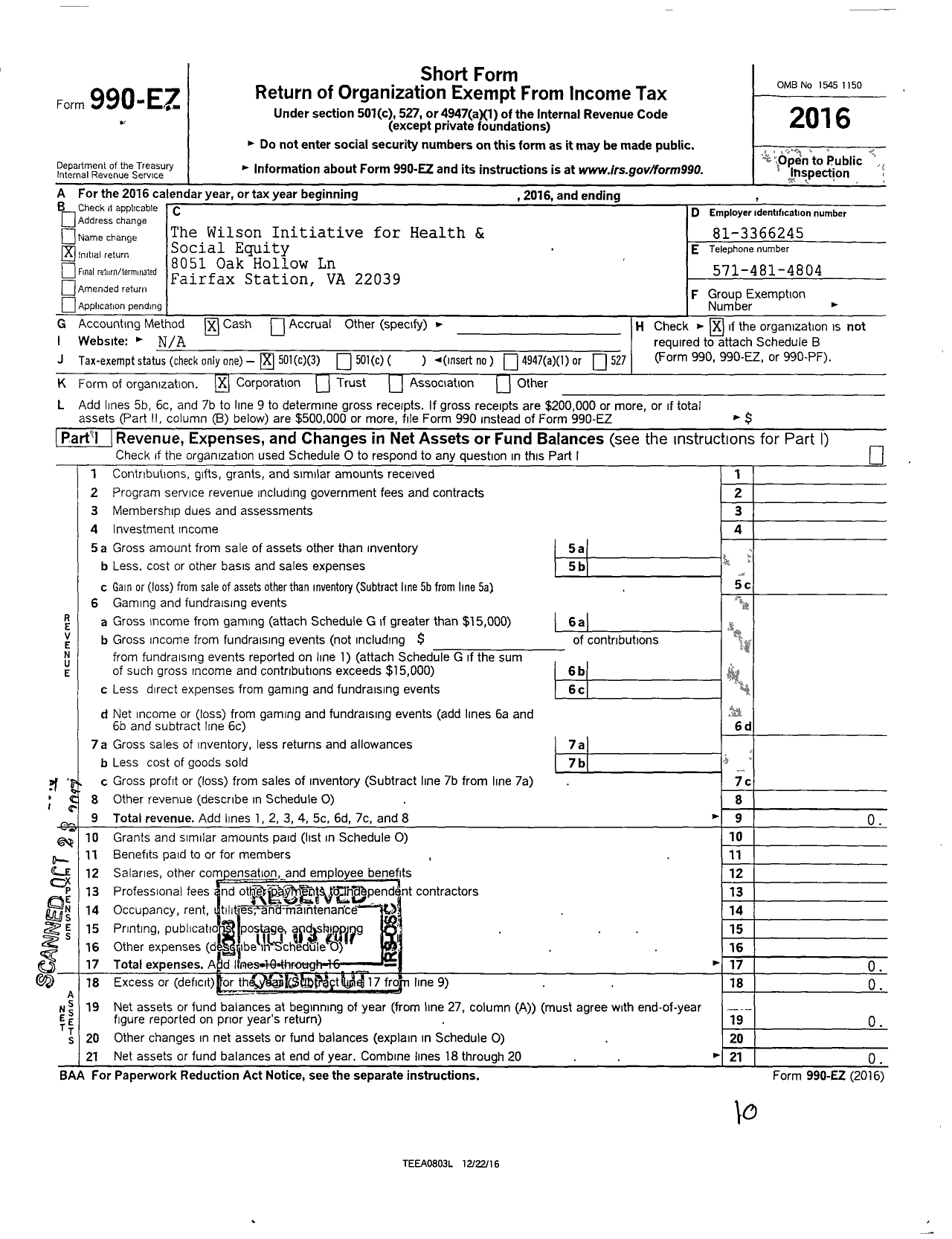 Image of first page of 2016 Form 990EZ for The Institute for Health and Social Equity