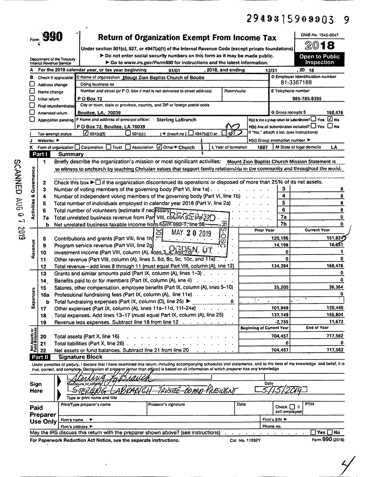 Image of first page of 2018 Form 990 for Mount Zion Baptist Church of Boutte