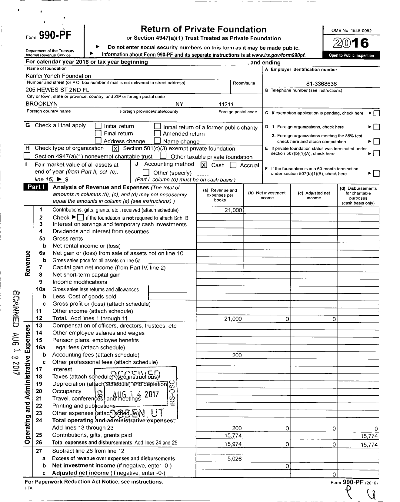 Image of first page of 2016 Form 990PF for Kanfei Yoneh Foundation