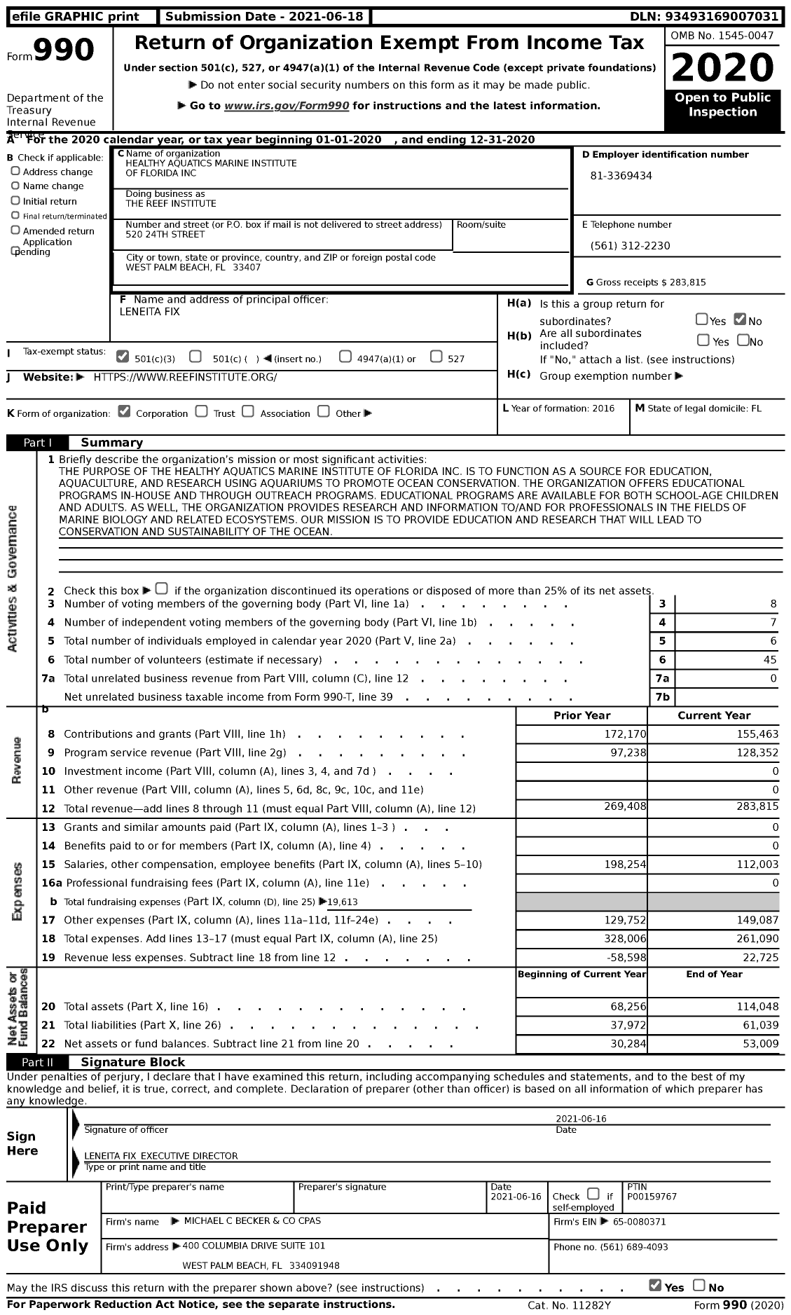Image of first page of 2020 Form 990 for The Reef Institute