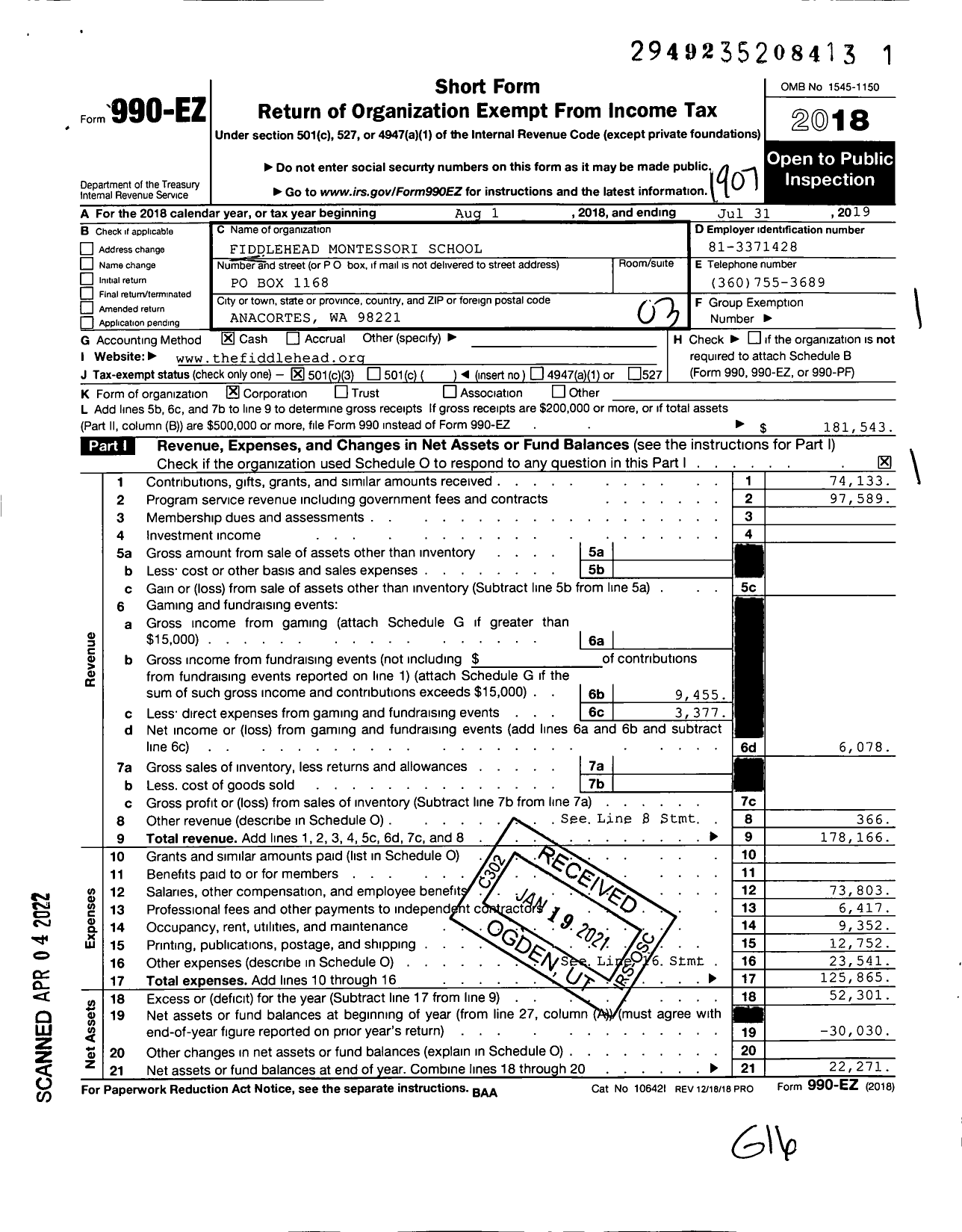 Image of first page of 2018 Form 990EZ for Fiddlehead Montessori School