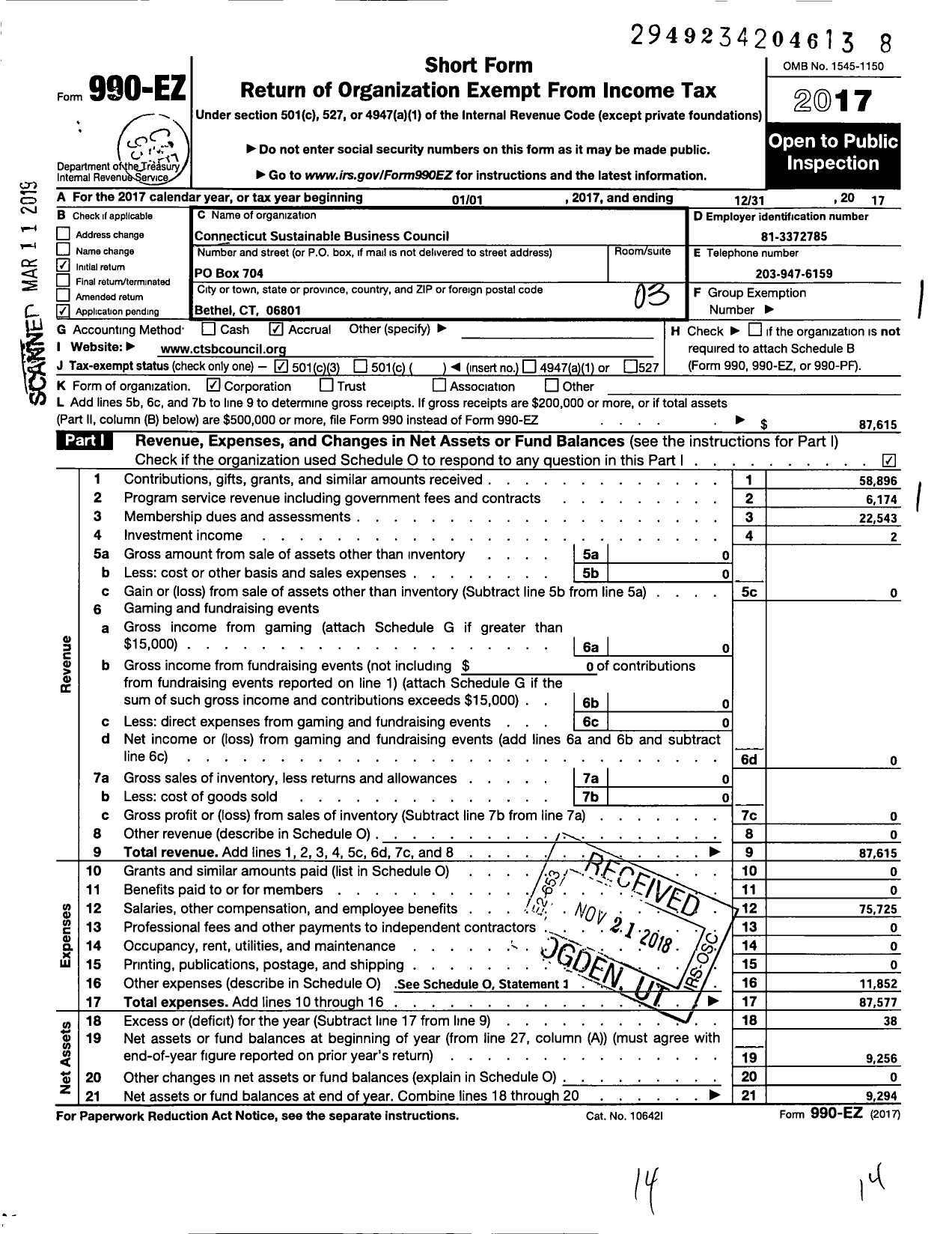 Image of first page of 2017 Form 990EZ for Connecticut Sustainable Business Council