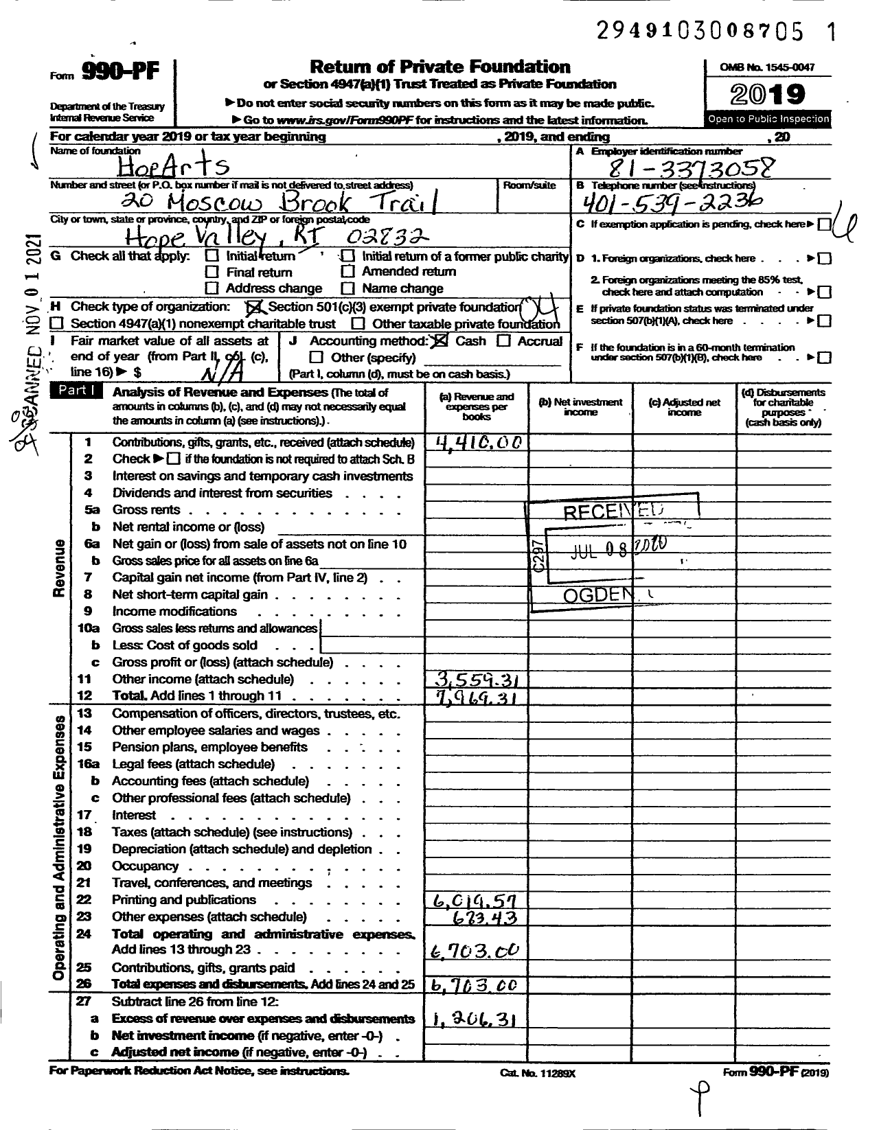 Image of first page of 2019 Form 990PF for Hoparts