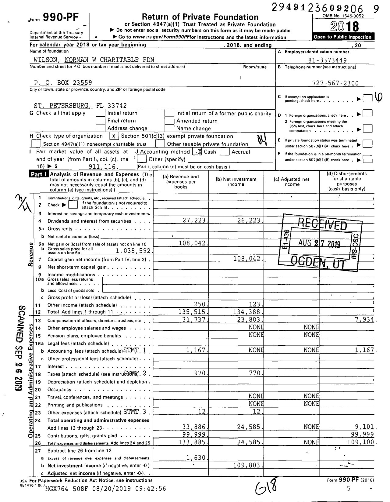 Image of first page of 2018 Form 990PF for Wilson Norman W Charitable Foundation