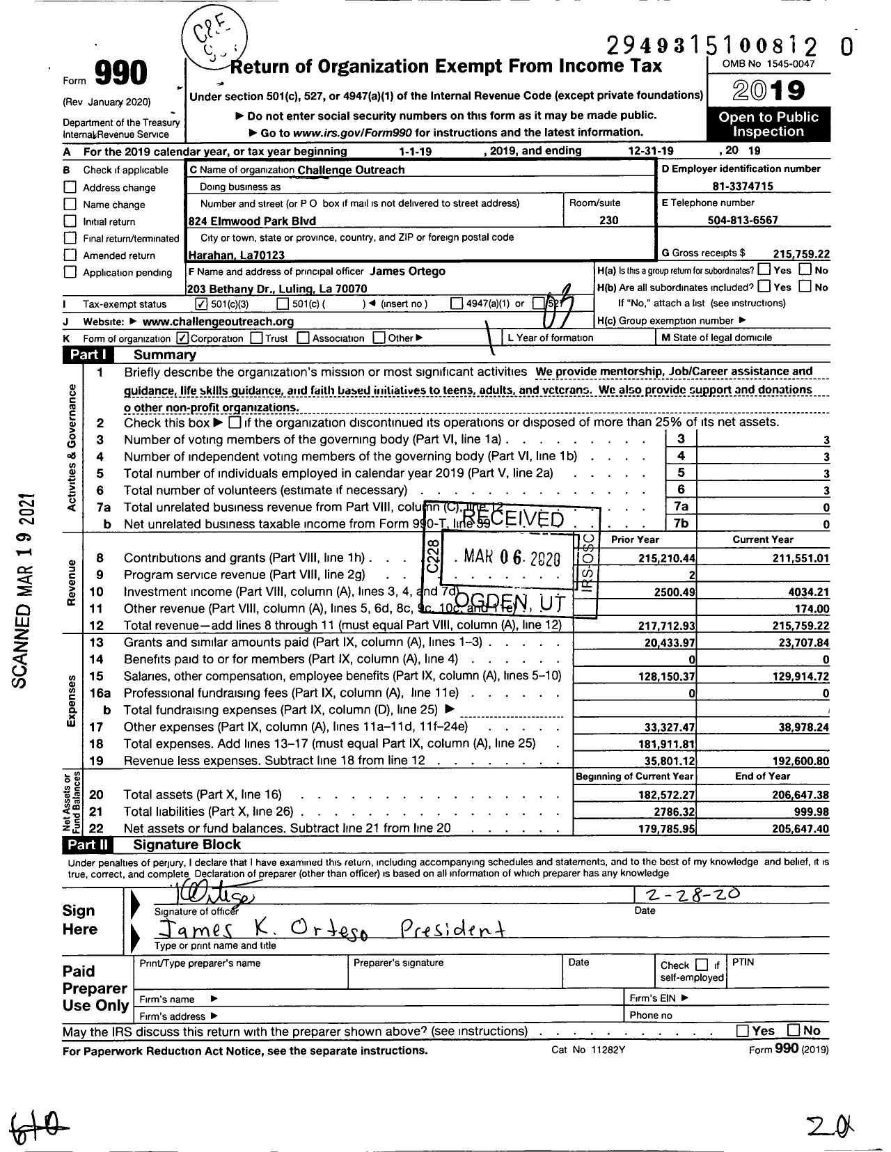 Image of first page of 2019 Form 990 for Challenge Outreach