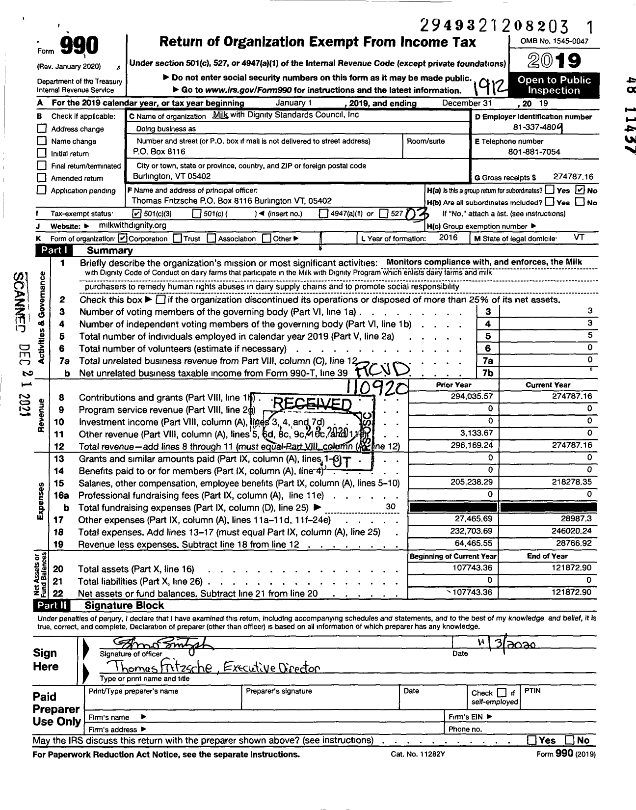 Image of first page of 2019 Form 990 for Milk with Dignity Standards Council