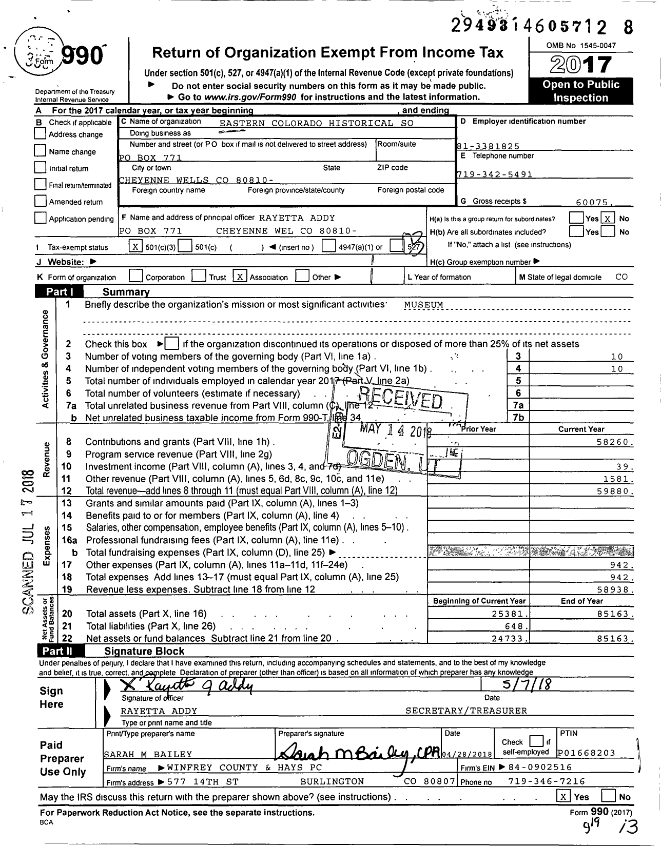 Image of first page of 2017 Form 990 for Eastern Colorado Historical Society