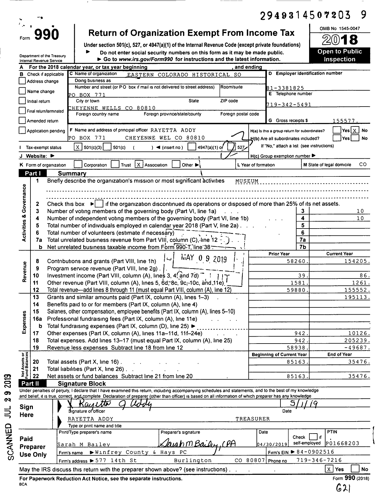 Image of first page of 2018 Form 990 for Eastern Colorado Historical Society