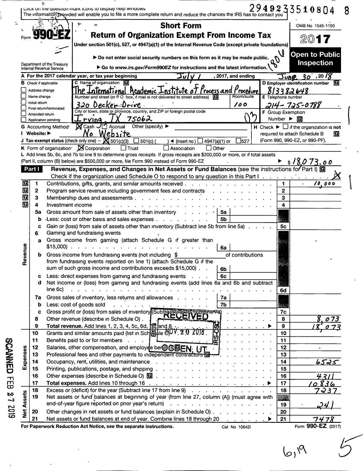 Image of first page of 2017 Form 990EZ for International Academic Institute of Legal Process and Procedure