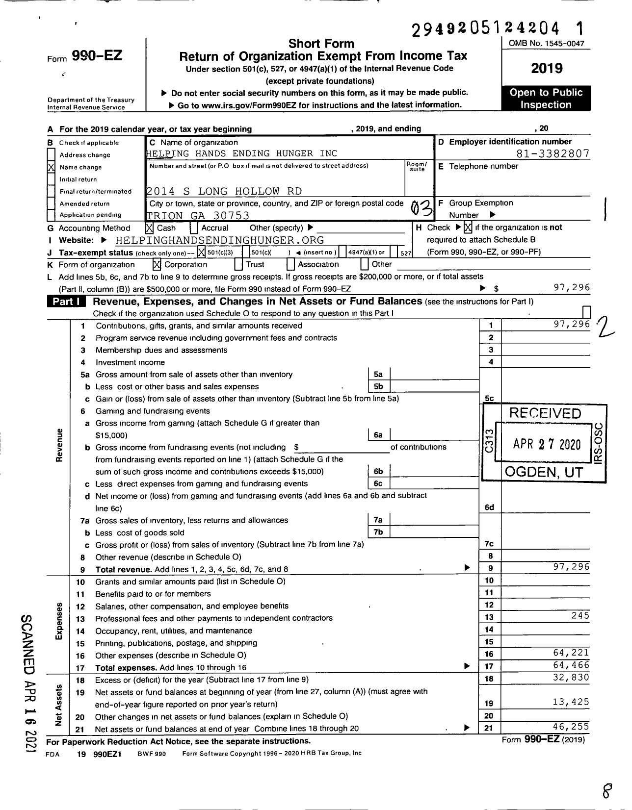 Image of first page of 2019 Form 990EZ for Helping Hands Ending Hunger